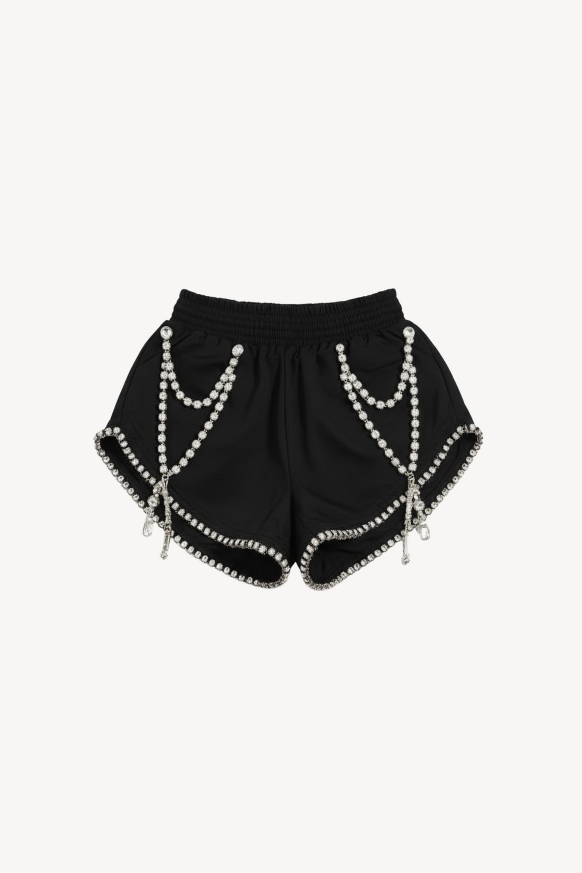 LOULOU Crystal-Trim Shorts in black feature an elastic waistband, draped pearl chains, and pearl trim along the hem and sides, displayed on a white background.