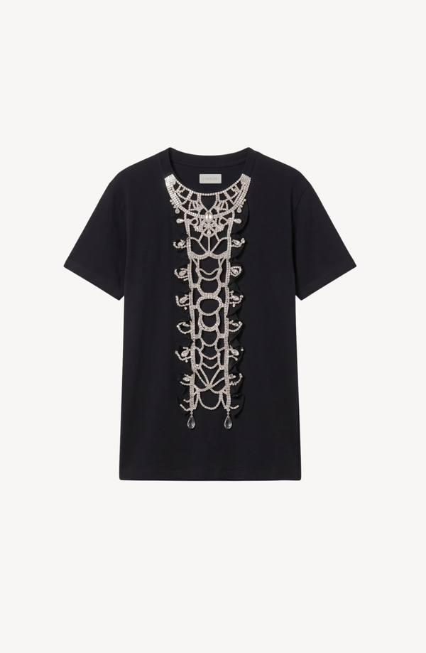 The LOULOU No Notes T-Shirt is a black cotton top featuring an ornate, baroque-inspired design with silver chain and bead embellishments arranged vertically down the front.