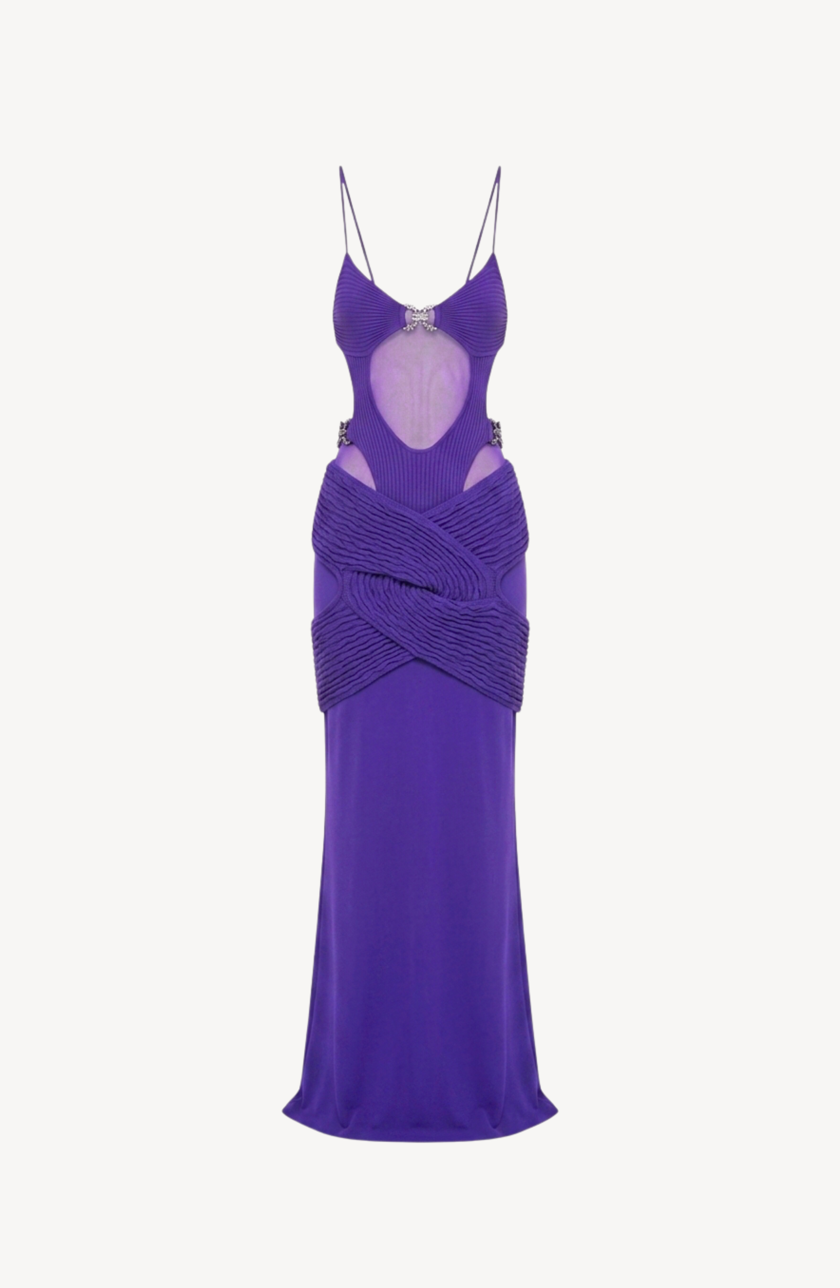 The Draped Cut-Out Knit Gown by LOULOU is a sleeveless, floor-length purple maxi dress featuring torso cutouts, delicate spaghetti straps, and textured overlapping ribbed knit details at the waist and hips.