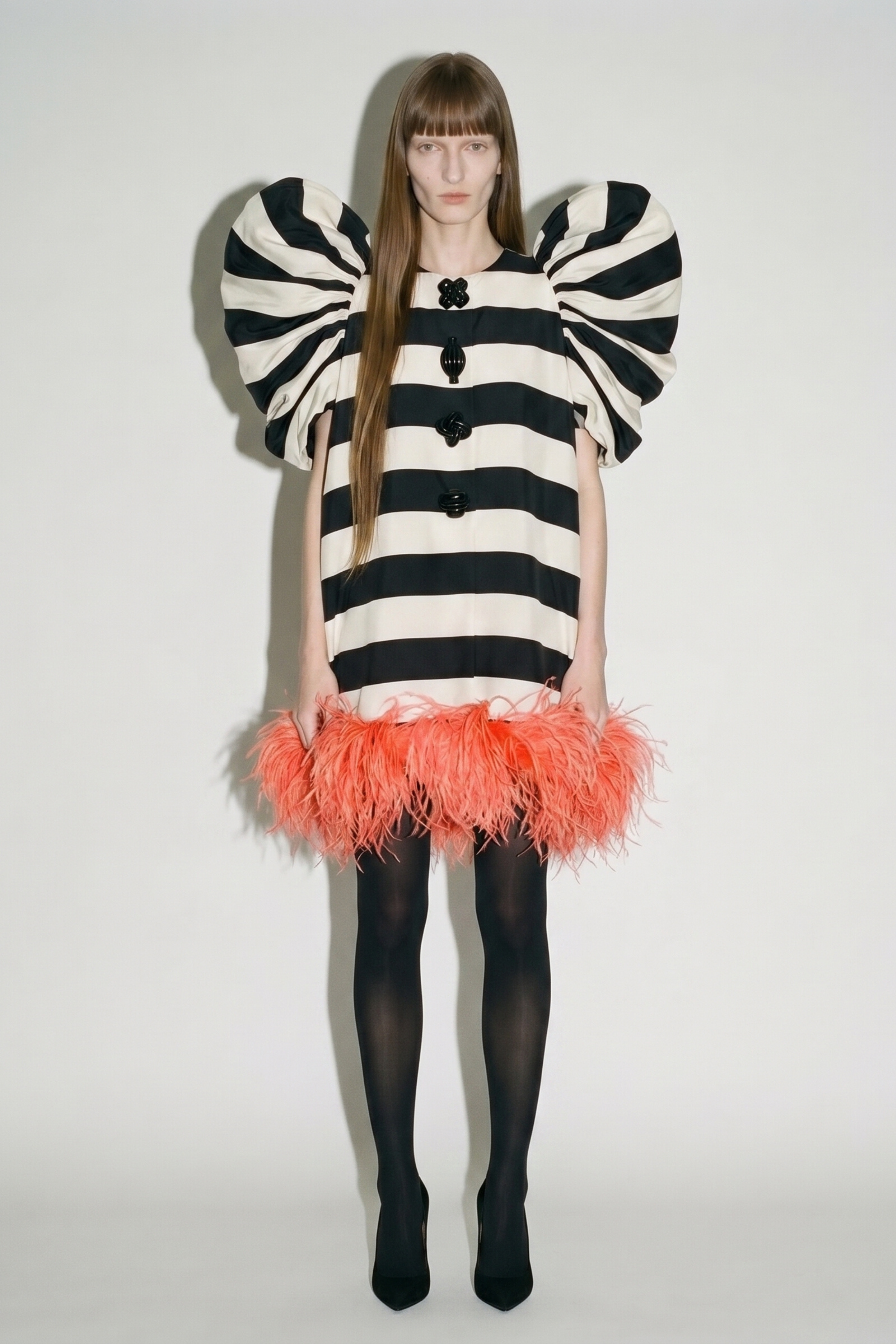 Ivory Striped Puff Sleeve Feather Mini Dress