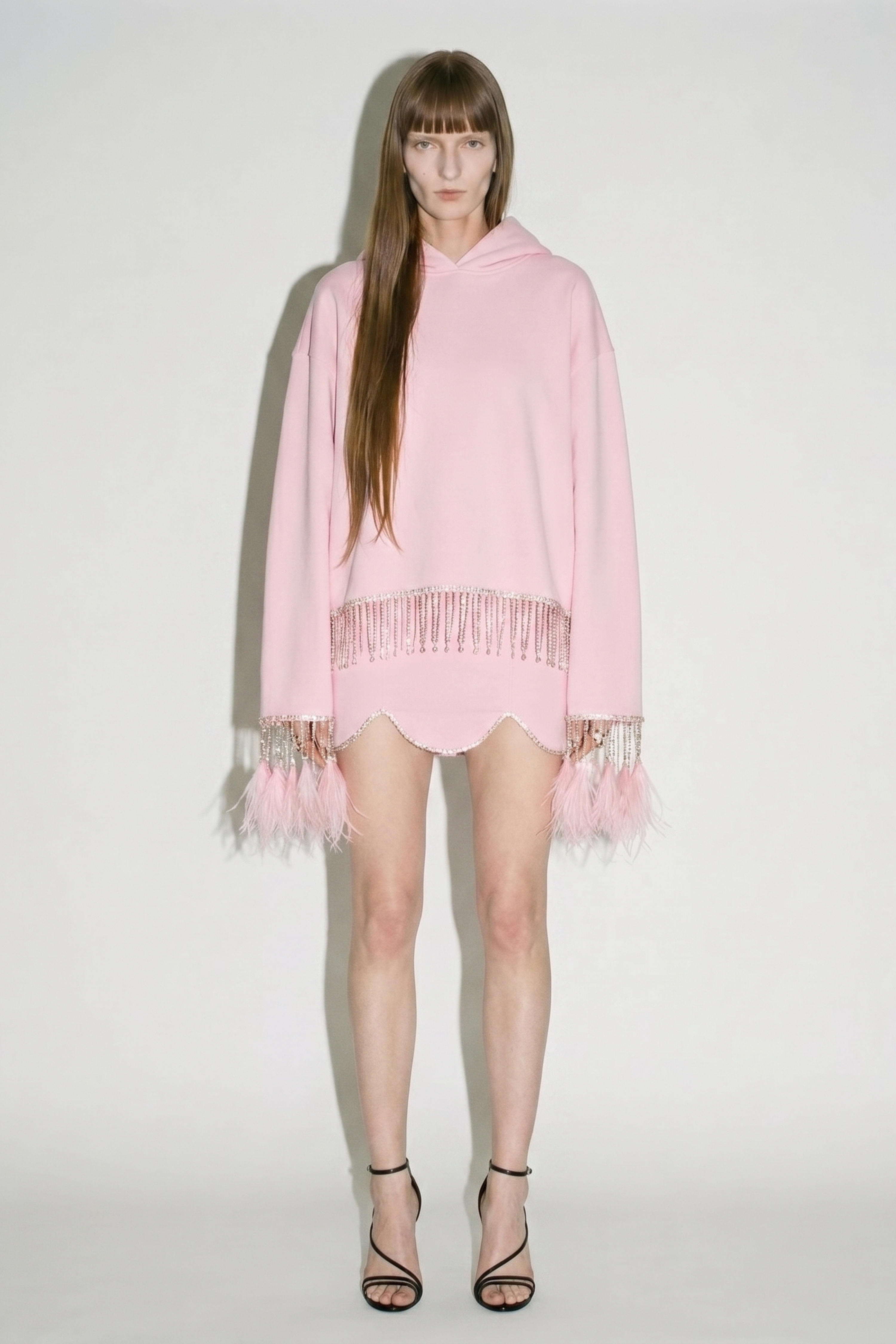 Pink Crystal Fringe Feather Hoodie