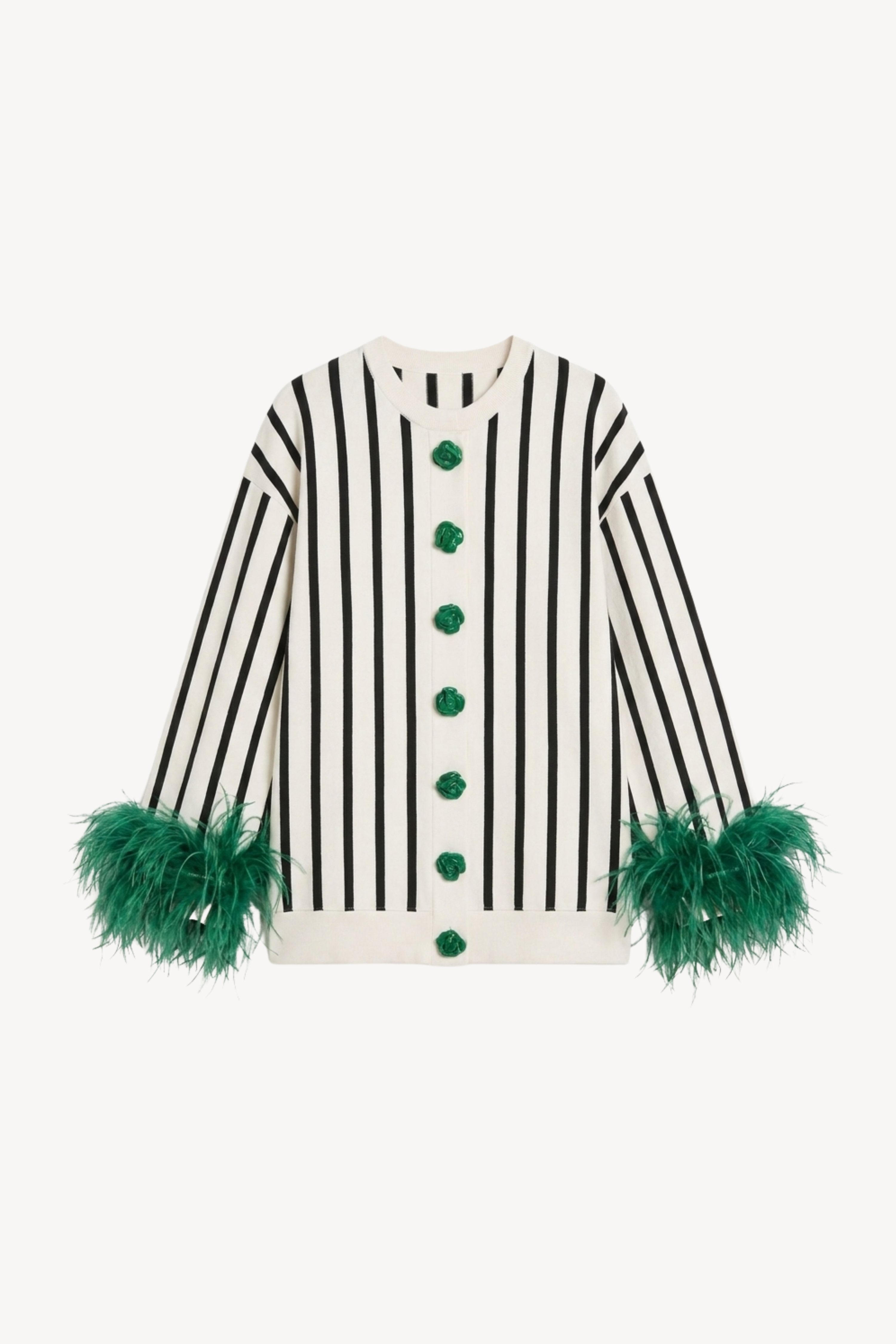 Ivory Black Striped Green Feather Cardigan