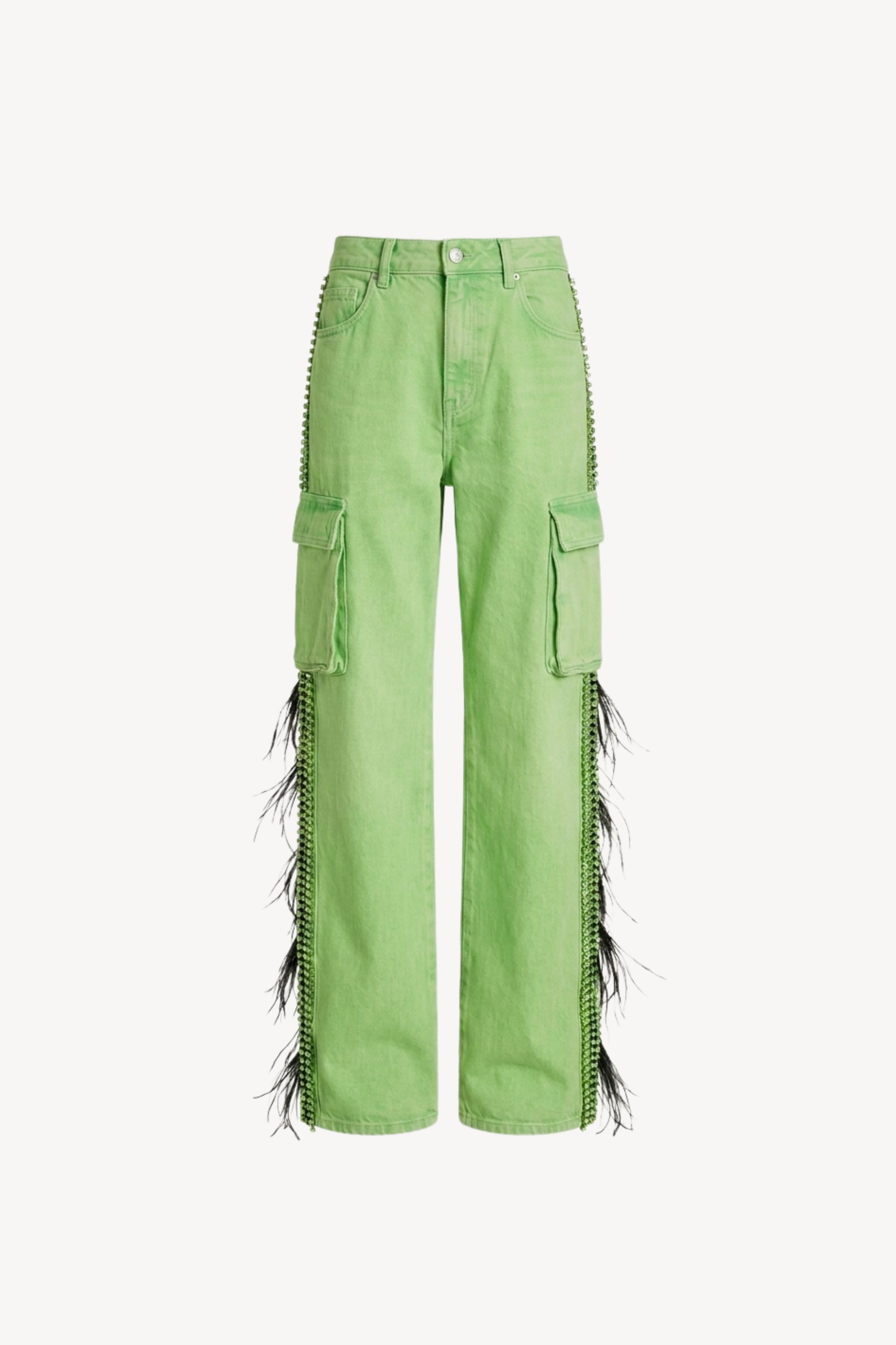 Lime Feather Trim Cargo Denim Jeans