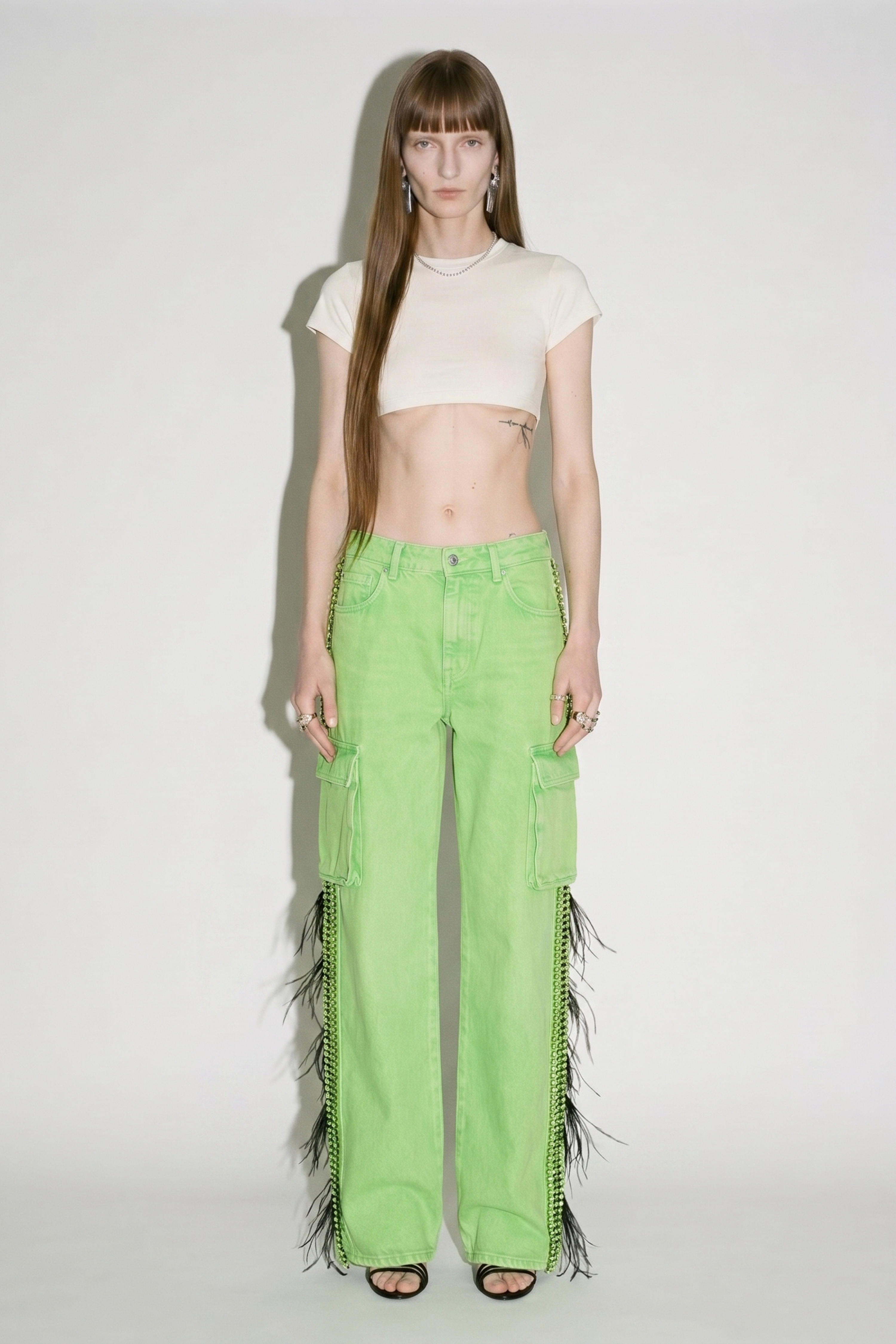 Lime Feather Trim Cargo Denim Jeans