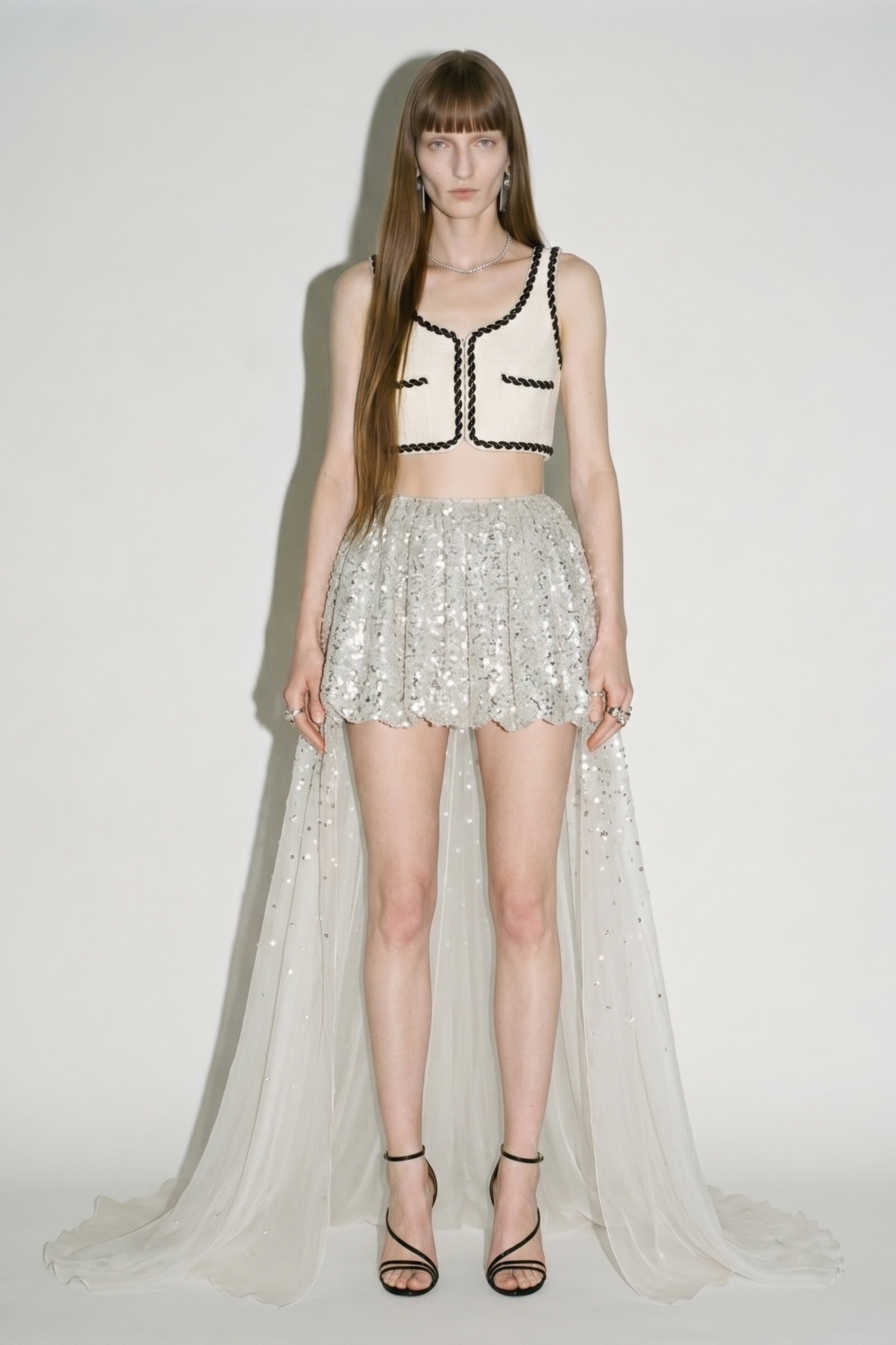 Ivory Black Braid Trim Cropped Vest Top