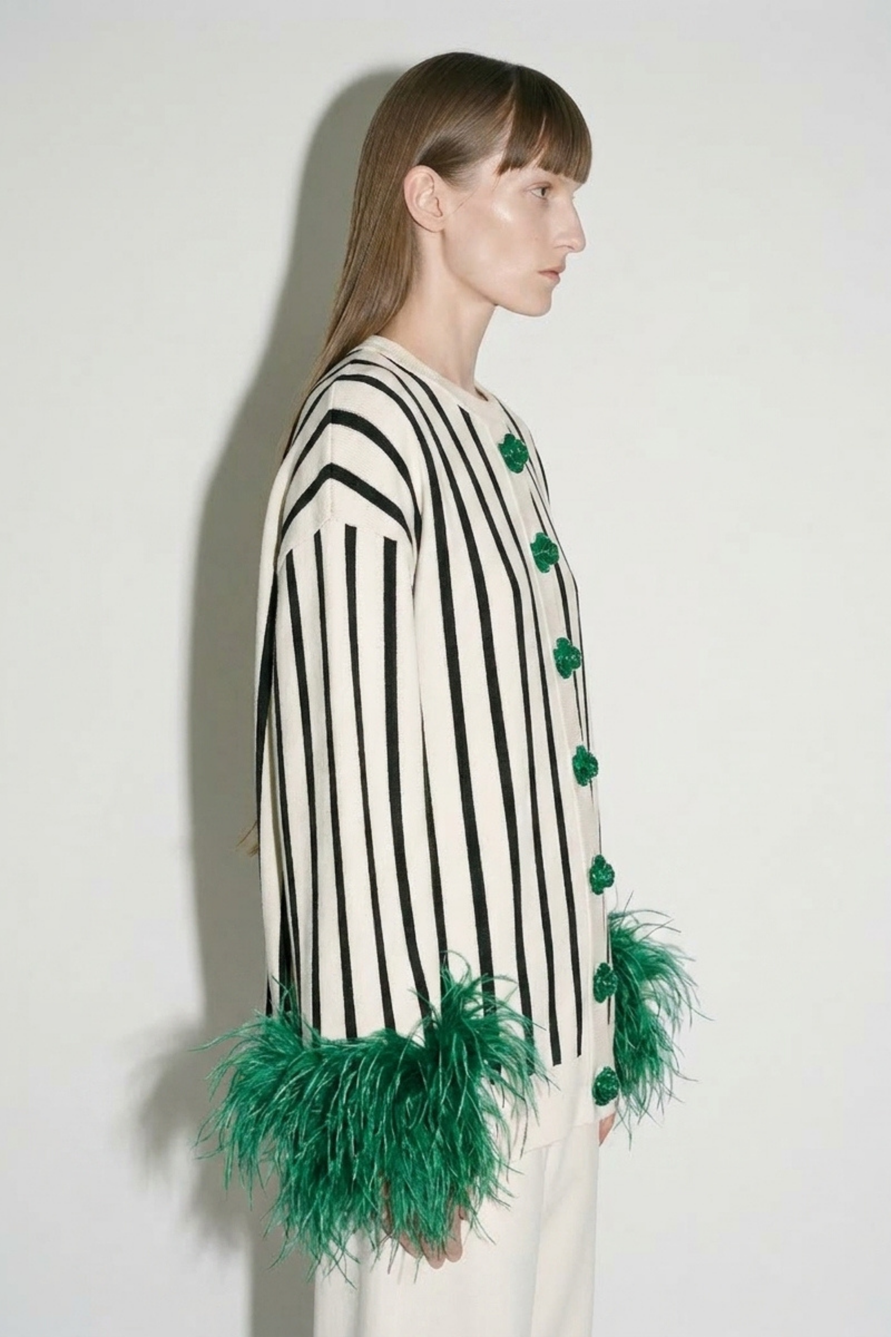 Ivory Black Striped Green Feather Cardigan