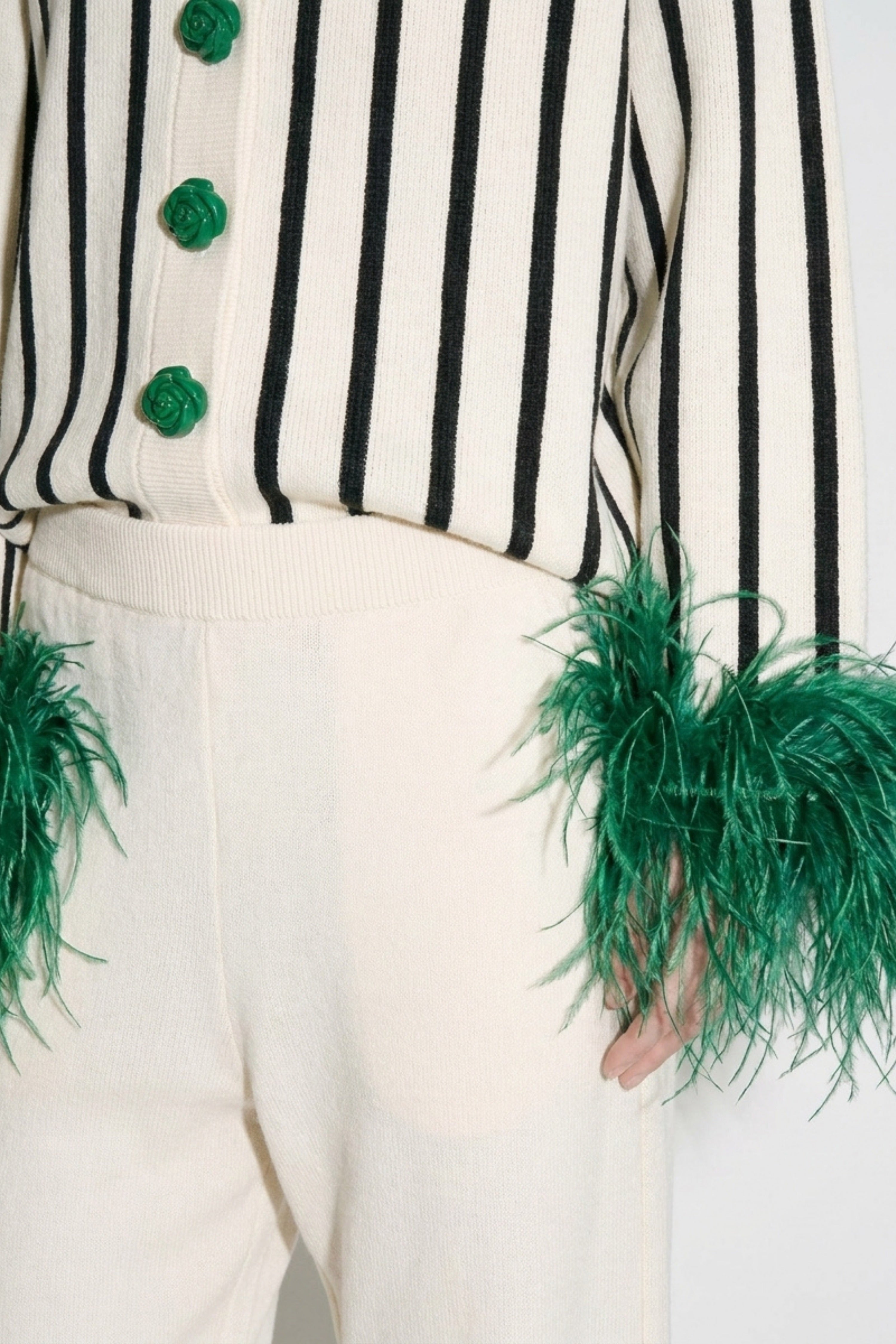 Ivory Black Striped Green Feather Cardigan
