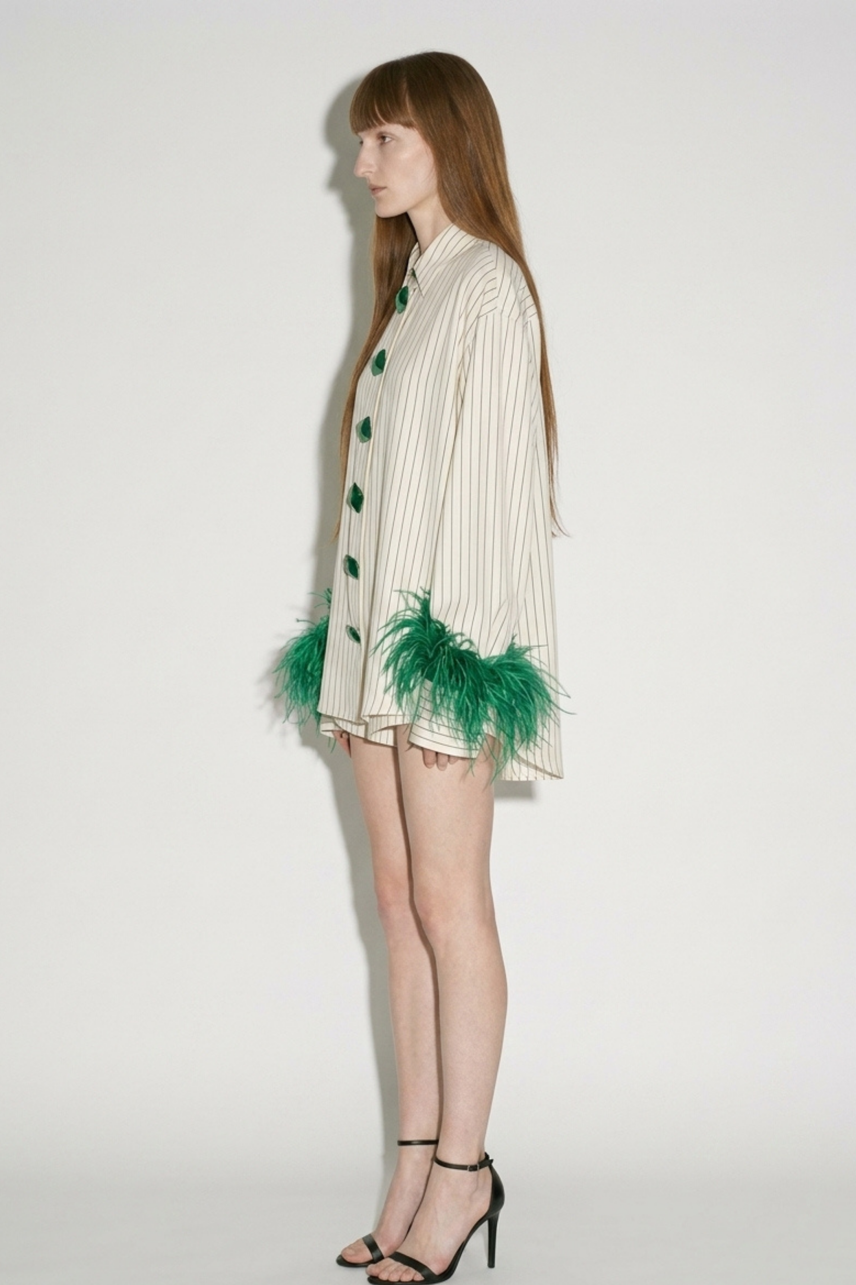 Ivory Green Striped Feather Shirt