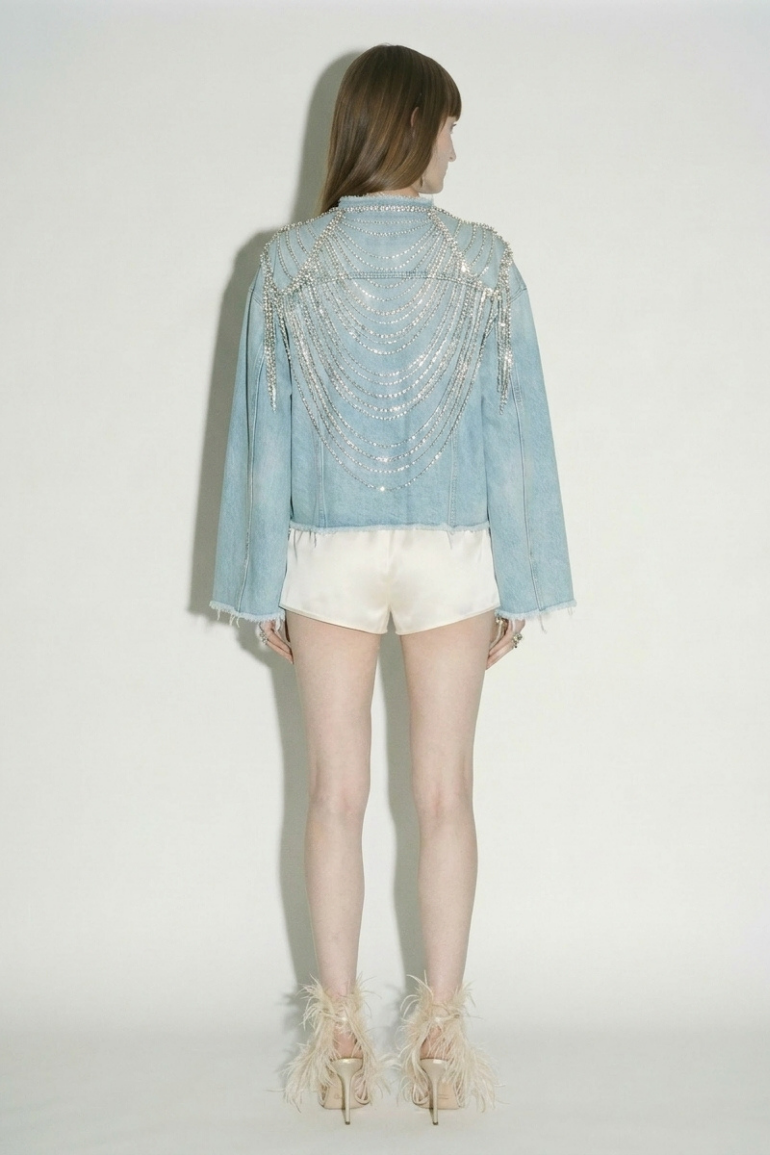 Light Blue Crystal Fringe Denim Jacket