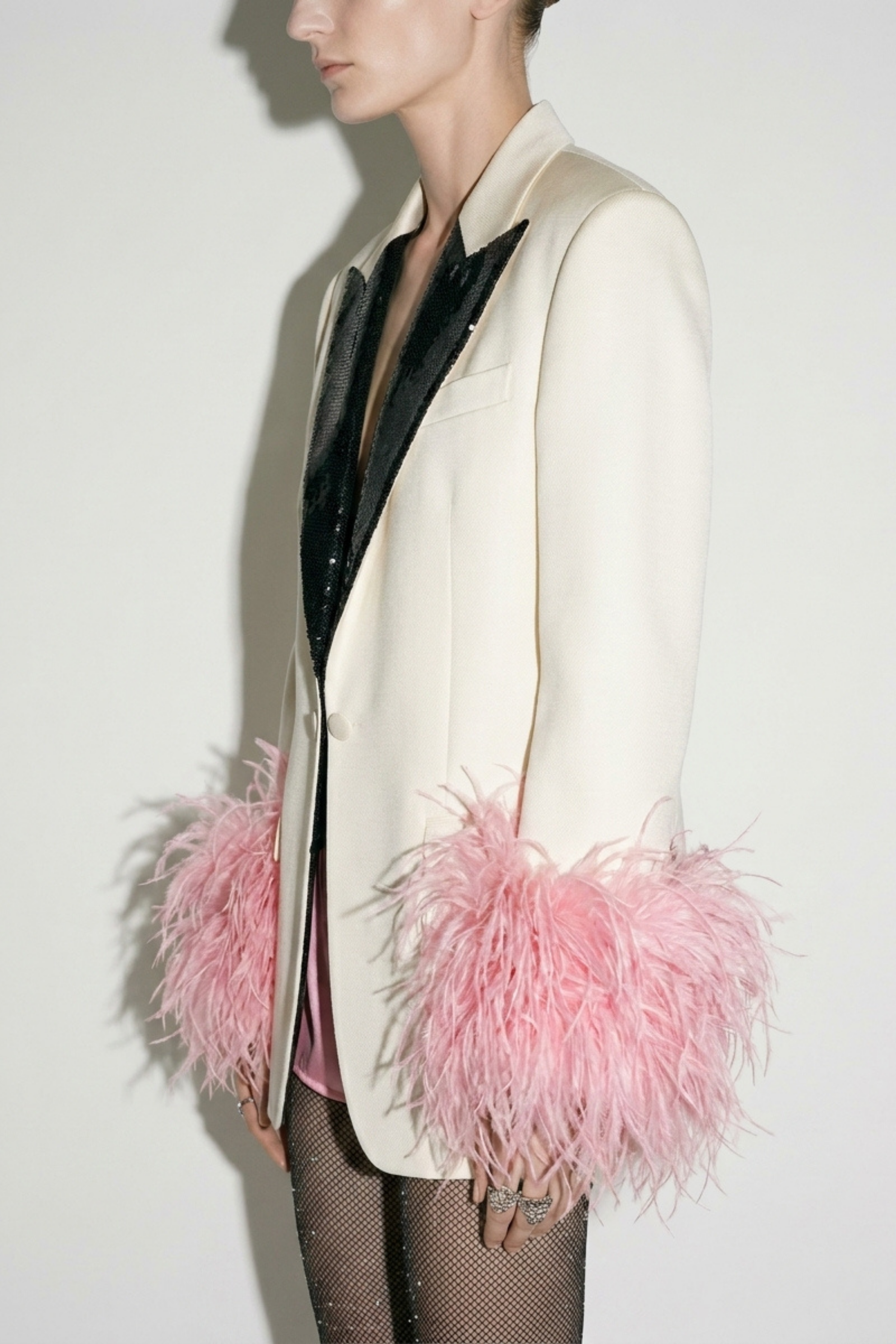 Ivory Black Lapel Pink Feather Cuff Blazer