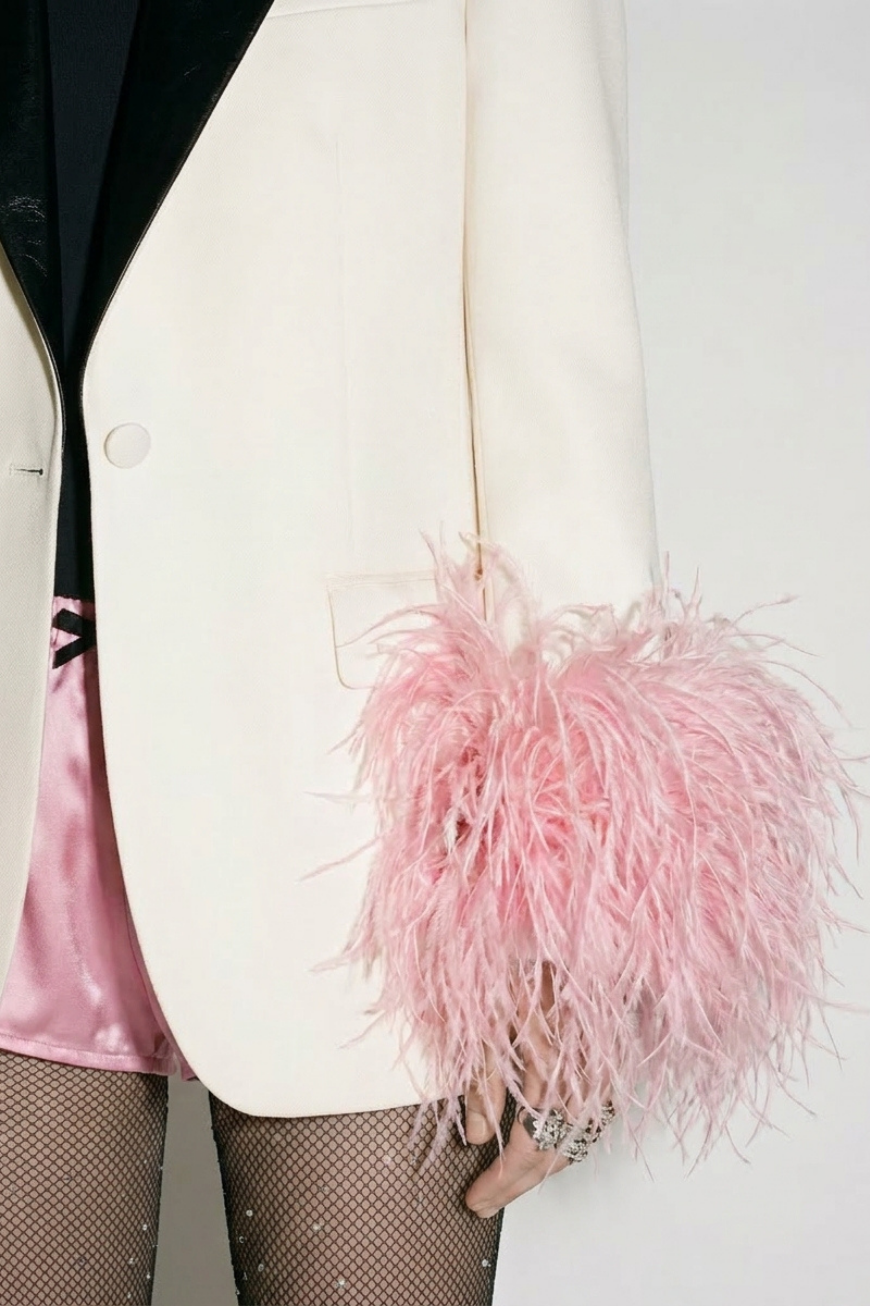 Ivory Black Lapel Pink Feather Cuff Blazer