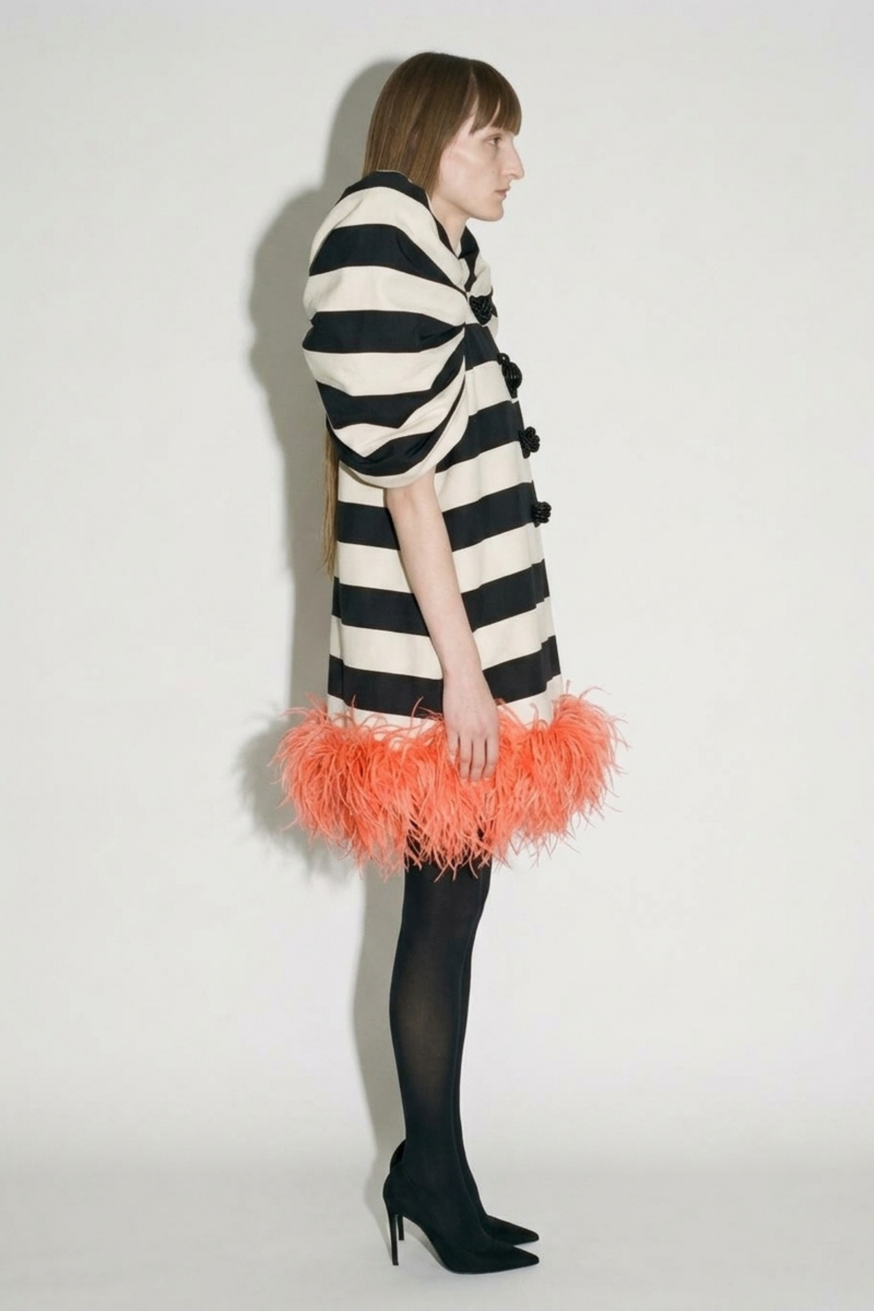 Ivory Striped Puff Sleeve Feather Mini Dress