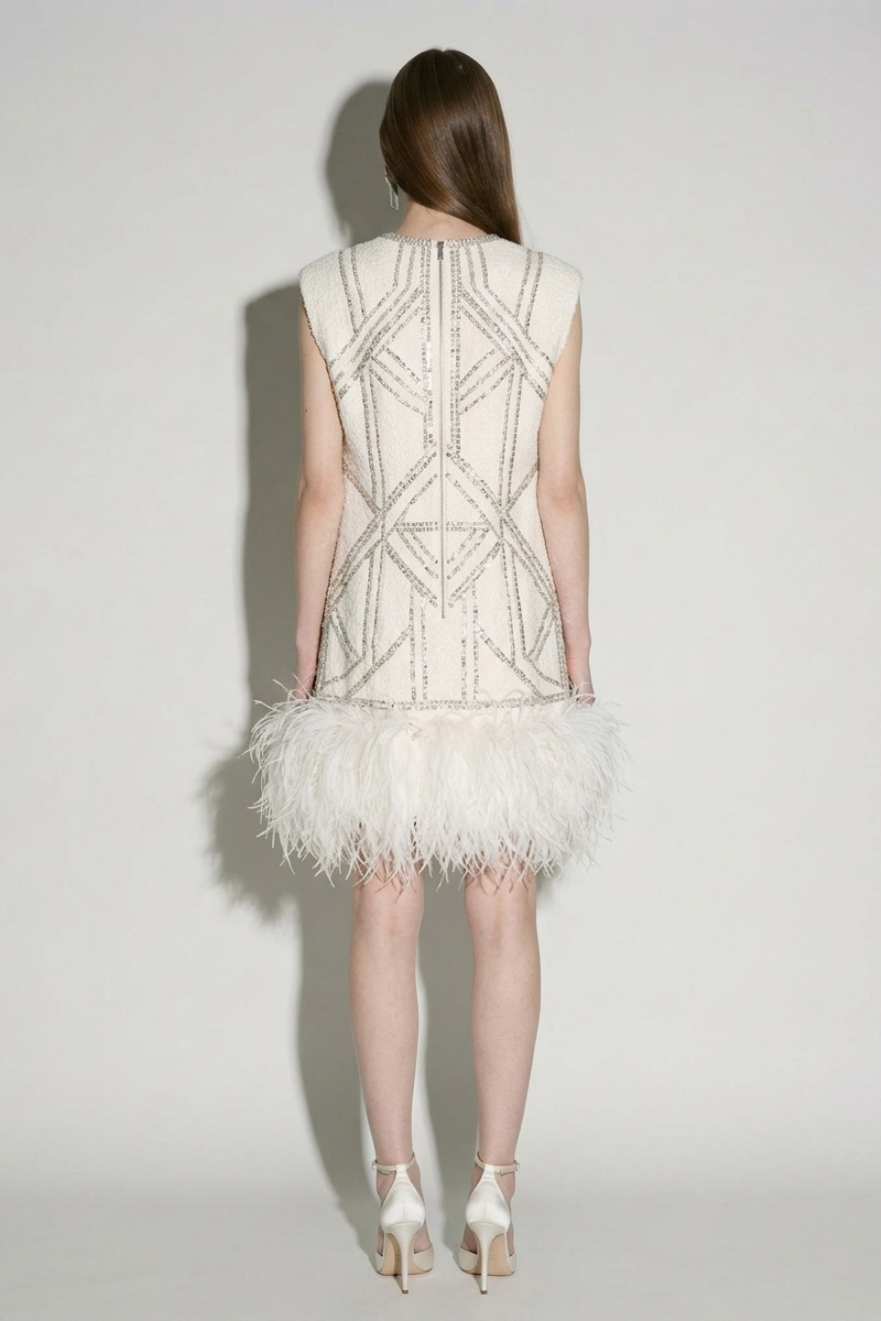 Ivory Crystal Feather Cape Mini Dress