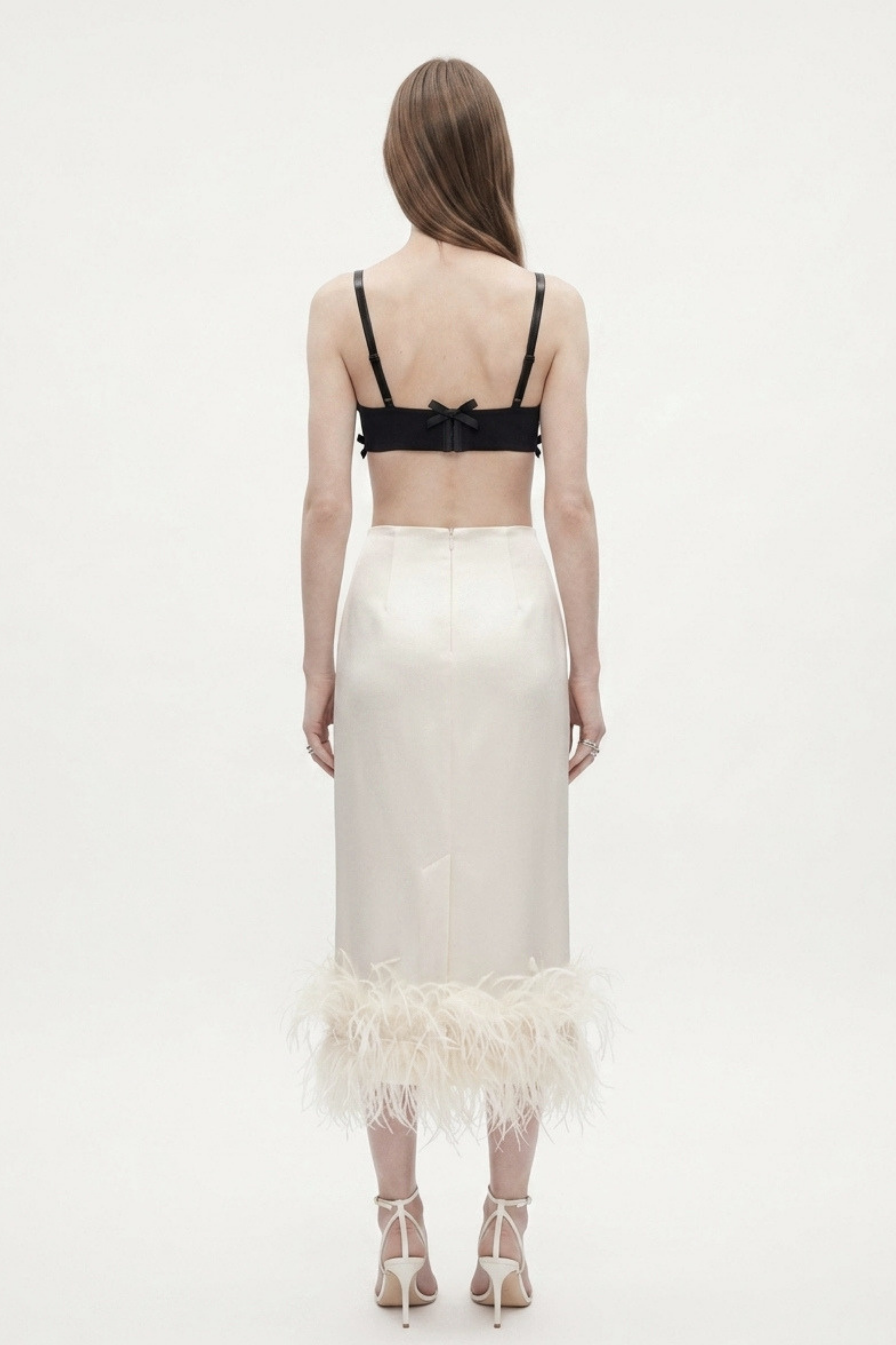 Ivory Feather Trim Midi Skirt