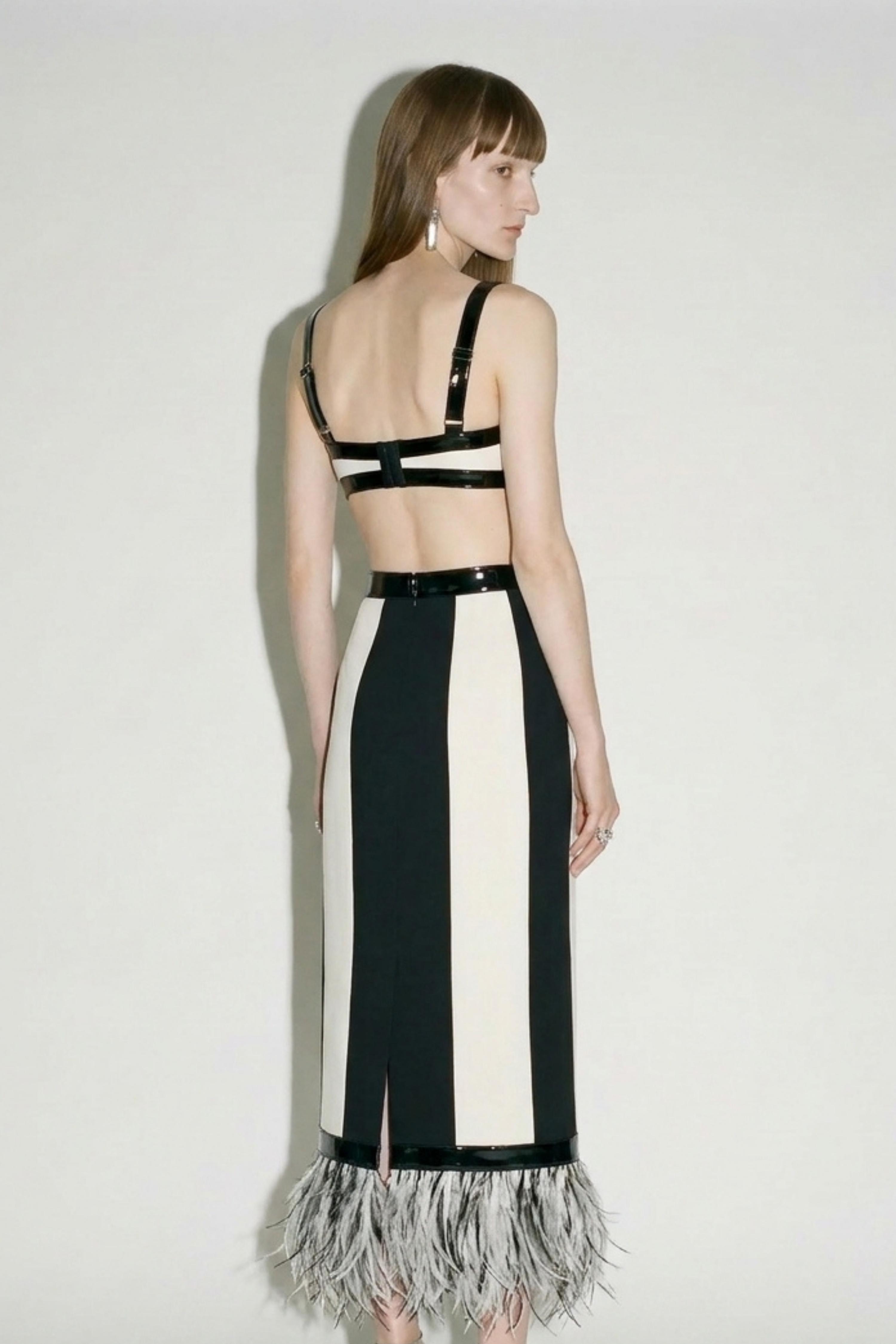 Striped Feather Trim Midi Skirt