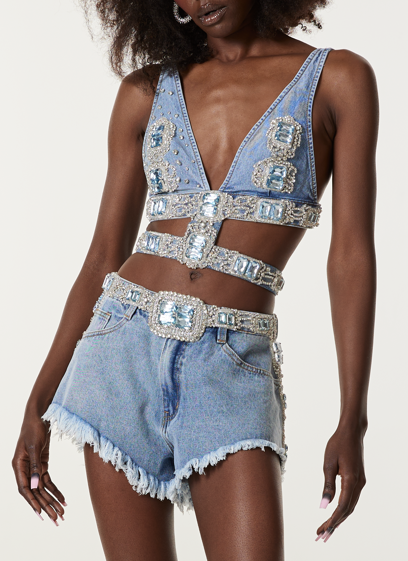 LOULOU Blue Crystal Embroidered Denim Shorts - photo 2