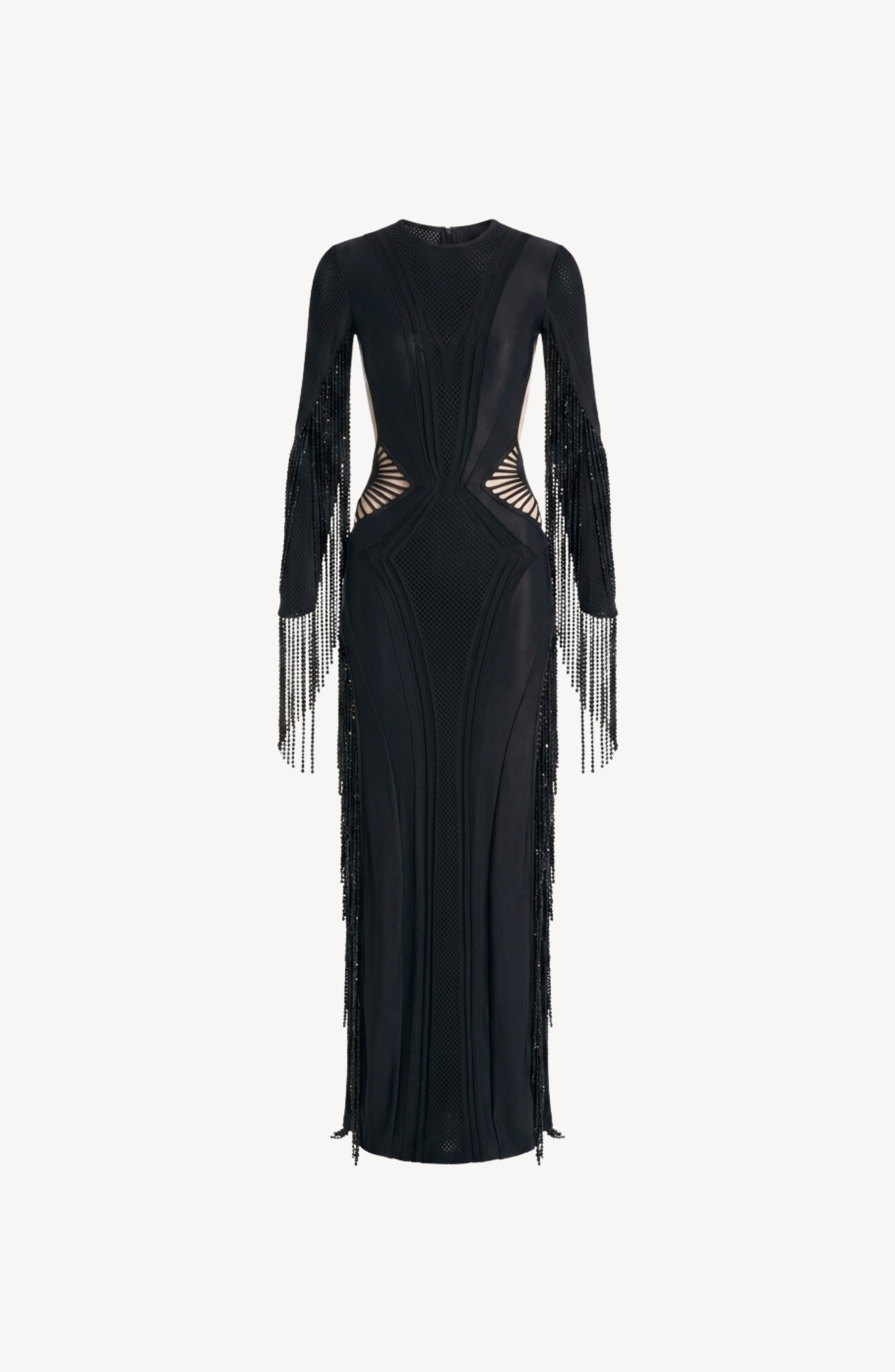 The LOULOU Beaded Fringe Cutout Maxi Dress is a striking long black maxi dress with geometric cutouts at the waist and exquisite beaded fringe detailing on the sleeves, showcased against a plain white background.