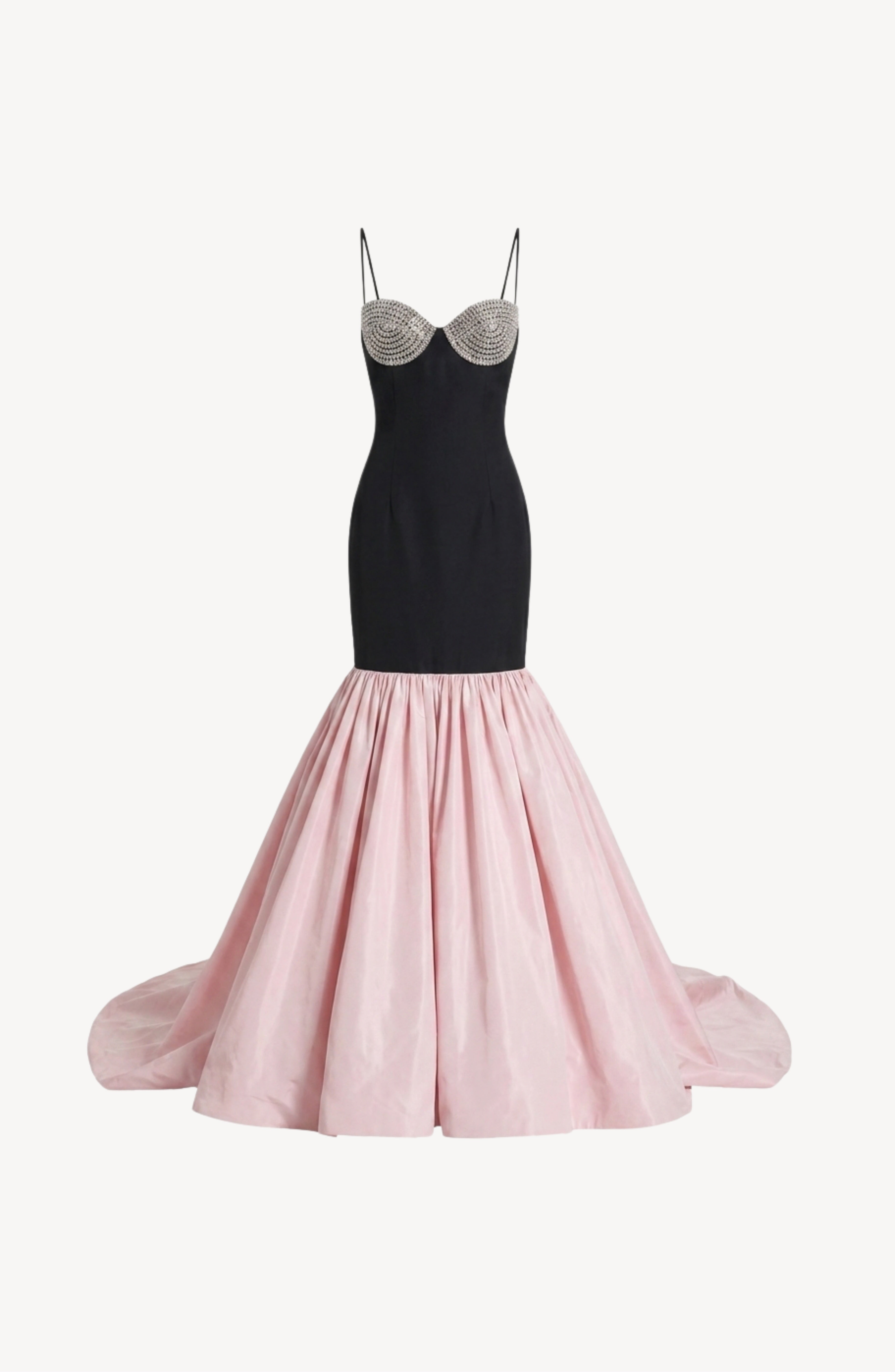 The LOULOU Contrast Mermaid Gown is a striking black evening dress with thin straps, showcasing a crystal-embellished bustier and a dramatic, full pink skirt that flares out from the knees into a floor-sweeping train, elegantly displayed on a white background.