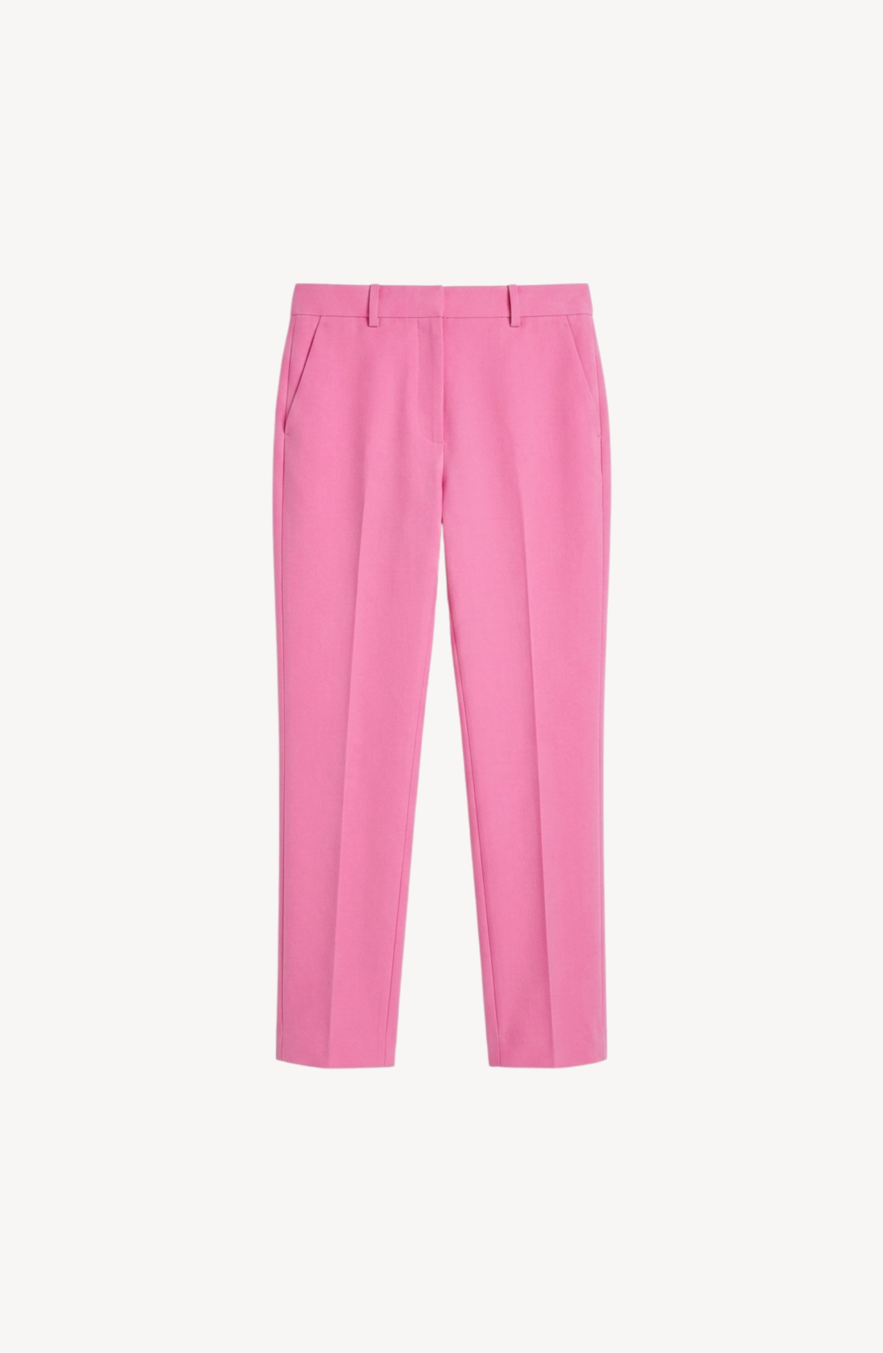A pair of LOULOU Cropped Tailored Trousers in bubblegum pink, featuring a high-waisted, straight-leg fit with side pockets and belt loops, shown against a white background.