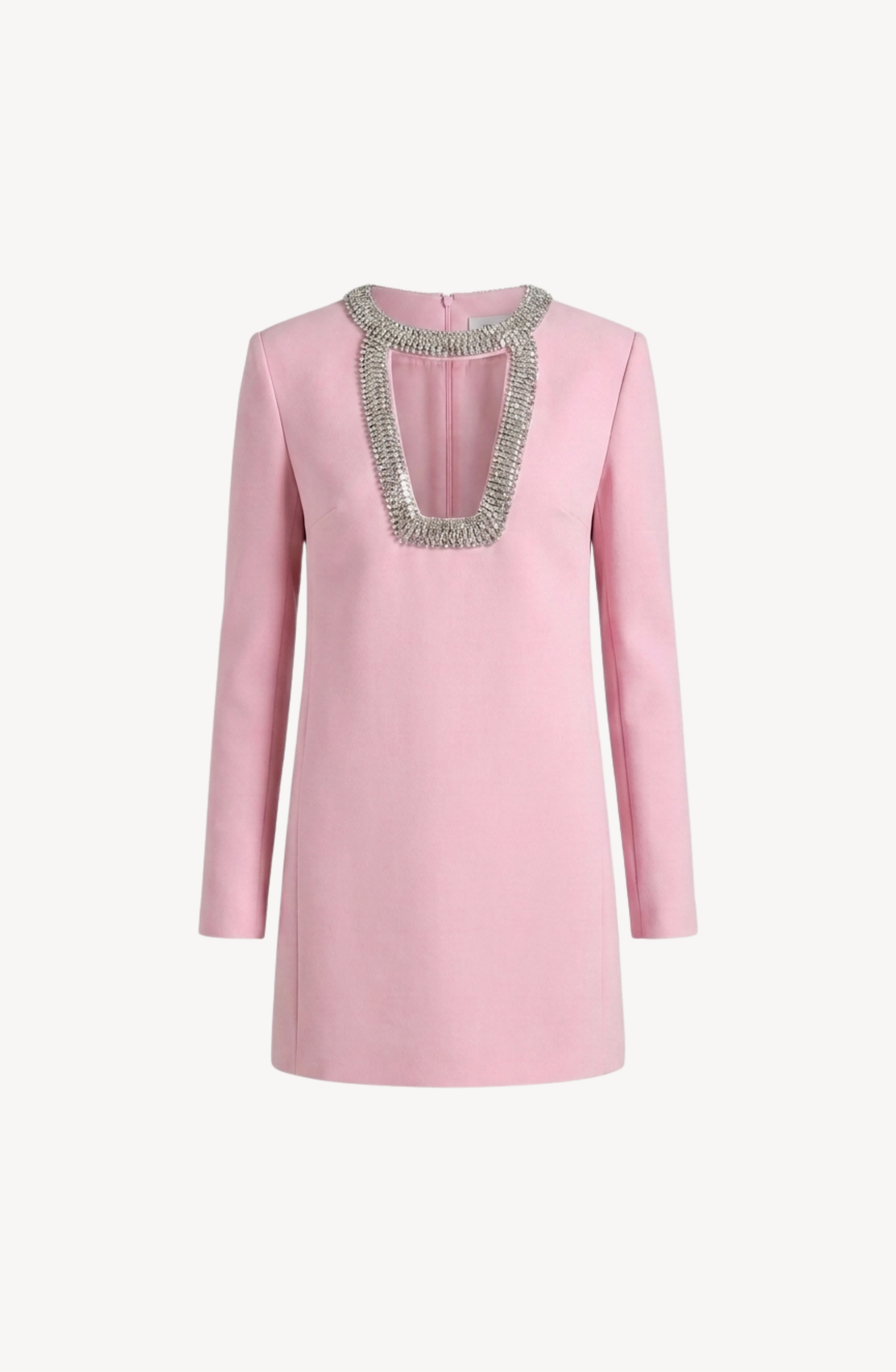 The LOULOU Crystal Cutout Mini Dress is a long-sleeve, pastel pink mini dress featuring a deep square neckline adorned with silver beading. This crystal embellished piece offers a simple, straight silhouette without any visible patterns or extra details.