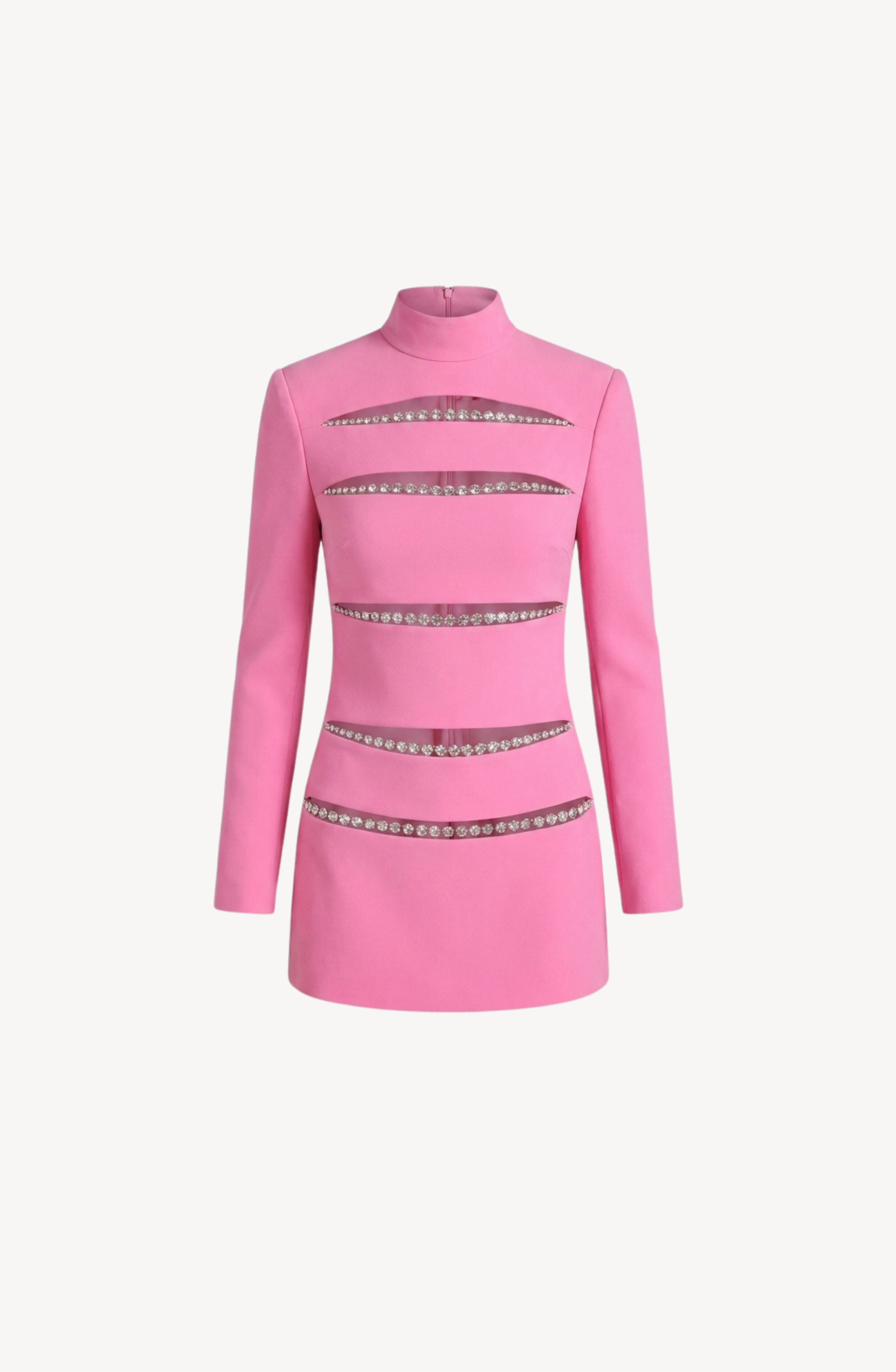 The LOULOU Crystal Slash Mini Dress is a fuchsia mini dress crafted from structured crepe, designed with long sleeves and a high neckline. Horizontal cutouts accented with sparkling crystal trim run across the front. The dress is shown against a plain white background.