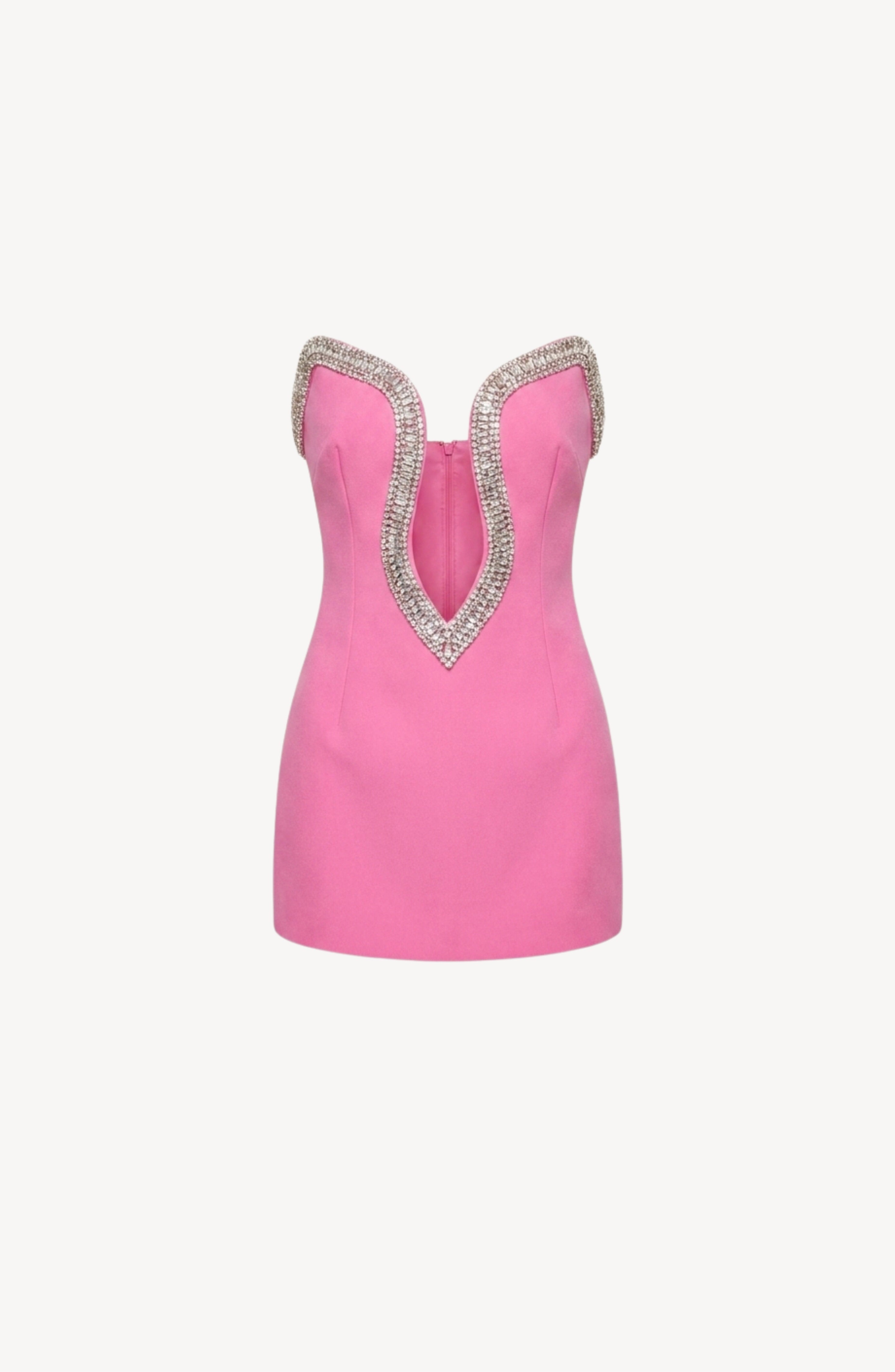 LOULOU's Crystal Trim Mini Dress is a strapless pink crepe mini dress featuring a plunging V-shaped neckline adorned with shimmering glass crystals and sparkling silver embellishments, showcased against a plain white background.