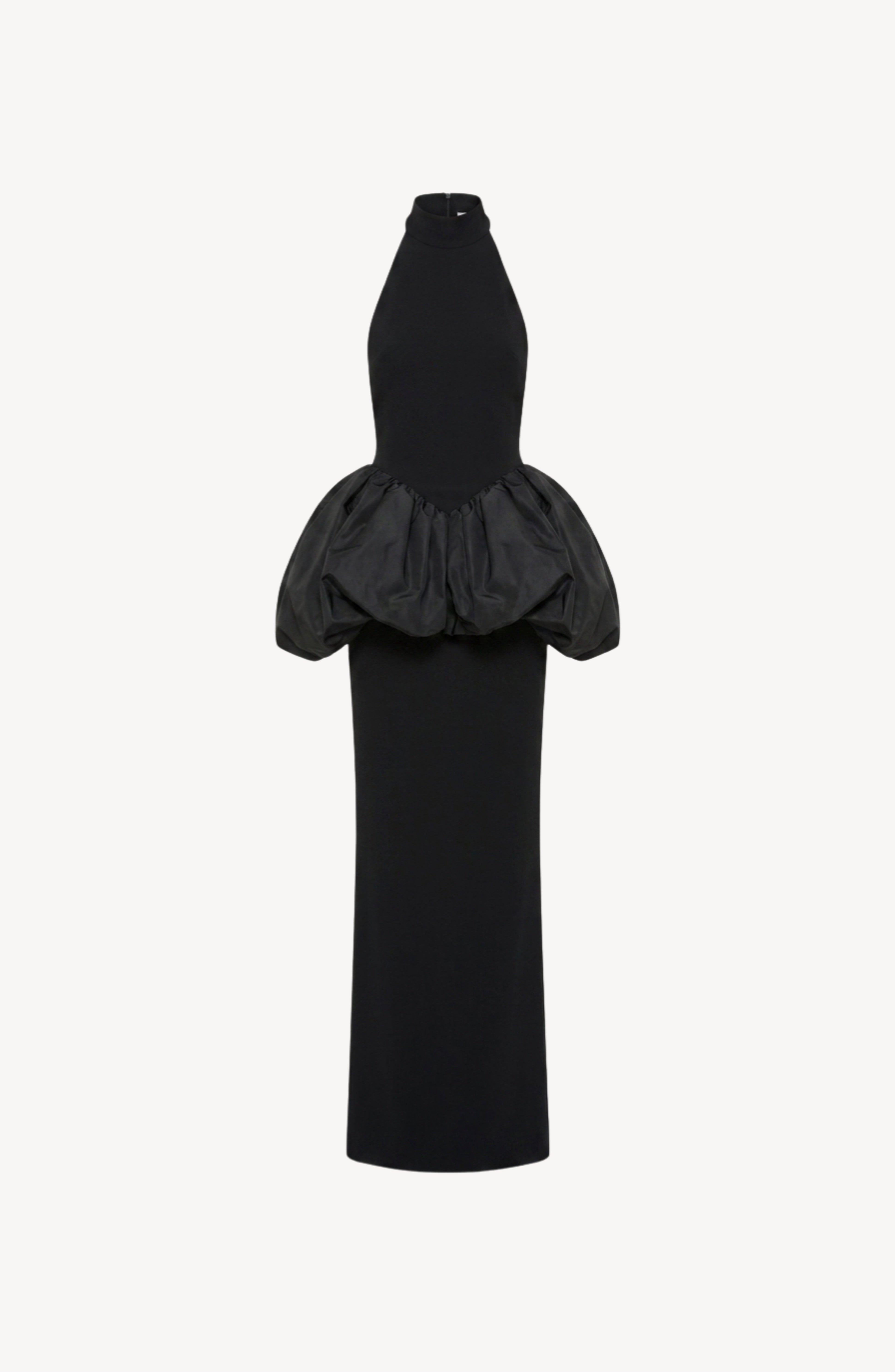The LOULOU Crystal Trim Peplum Maxi Dress is a sleeveless black evening gown with a high neckline and a fitted bodice. This sophisticated dress showcases an eye-catching, voluminous peplum detail at the hips, complemented by crystal trim accents and a long, straight skirt. The image features the dress against a plain white background.