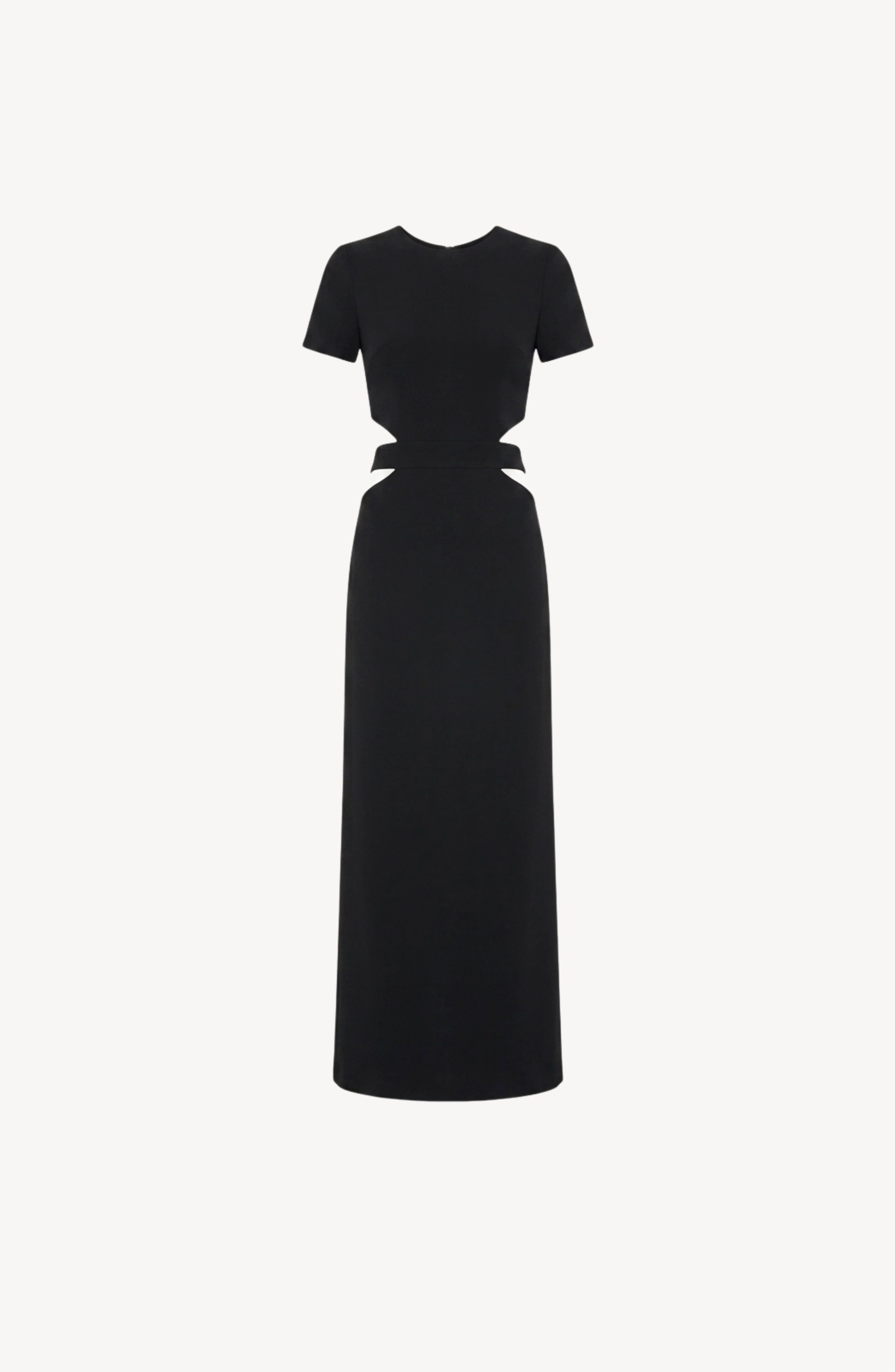 Introducing the LOULOU Cut-Out Maxi Dress in jet black, showcasing a fitted bodice with a round neckline and bold side waist cut-outs. Designed with short sleeves and a long, straight skirt, this dress offers a minimalist yet elegant silhouette.