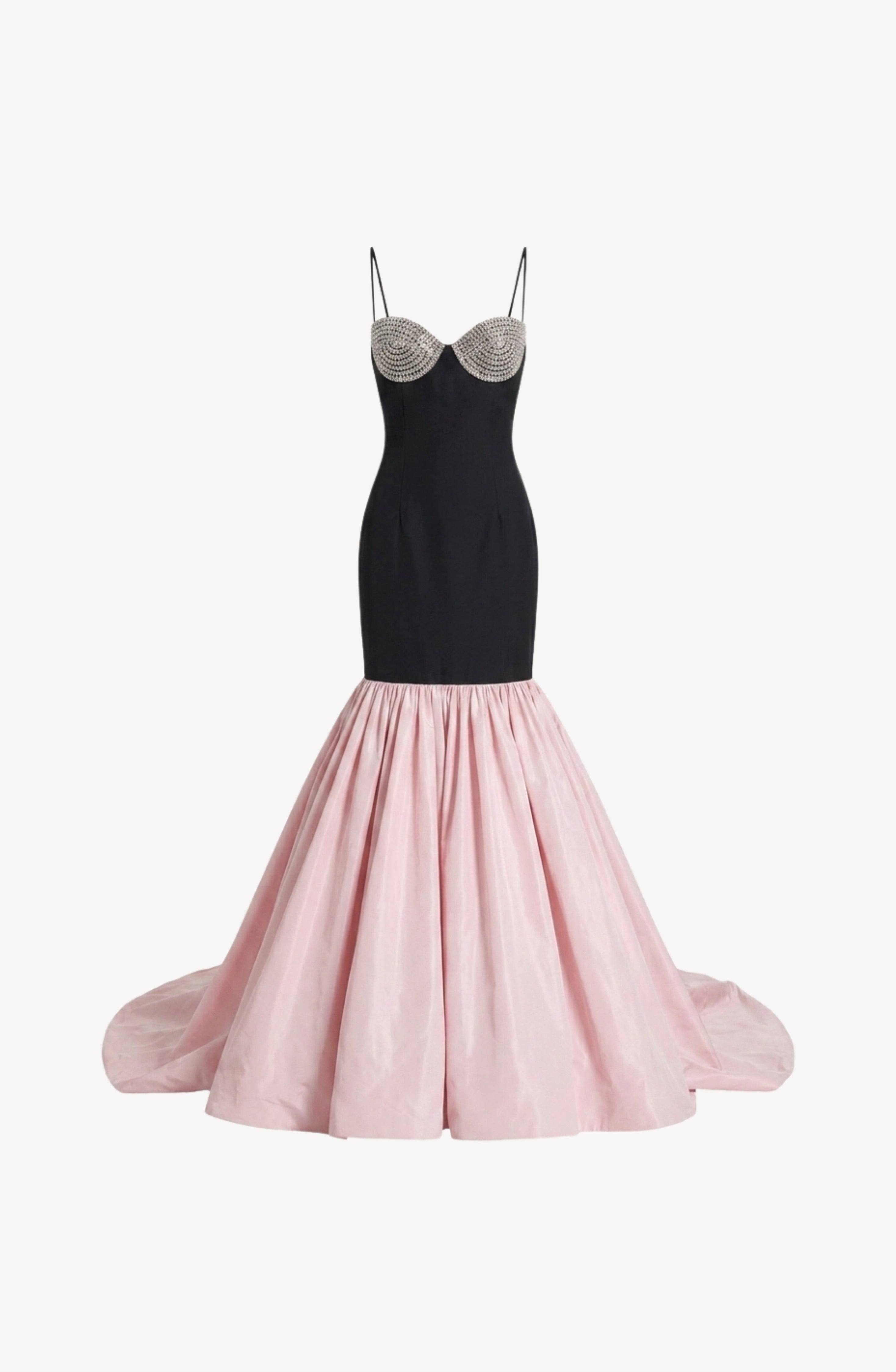 The Detailed Bustier Mermaid Gown by LOULOU is a sleeveless mermaid gown with thin straps, showcasing a striking black bodice, crystal-embellished cups, and a voluminous light pink taffeta skirt that flares out gracefully at the bottom.