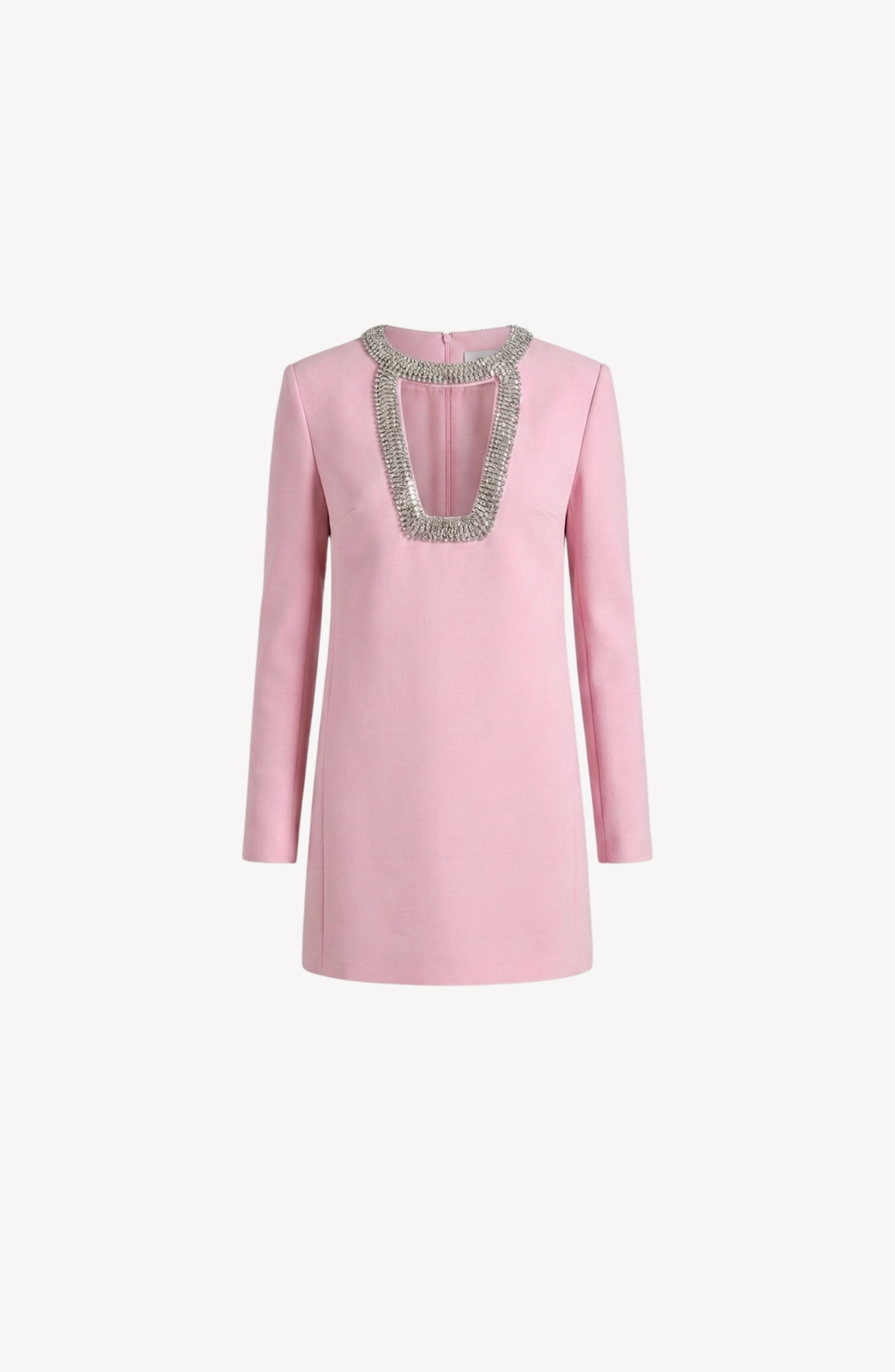 The Embellished Mini Dress by LOULOU is a powder pink mini dress with long sleeves, showcasing a tailored shift silhouette. It features a square neckline highlighted by crystal embellishments and sparkling silver beaded details along the collar and neck opening, elegantly presented against a white background.