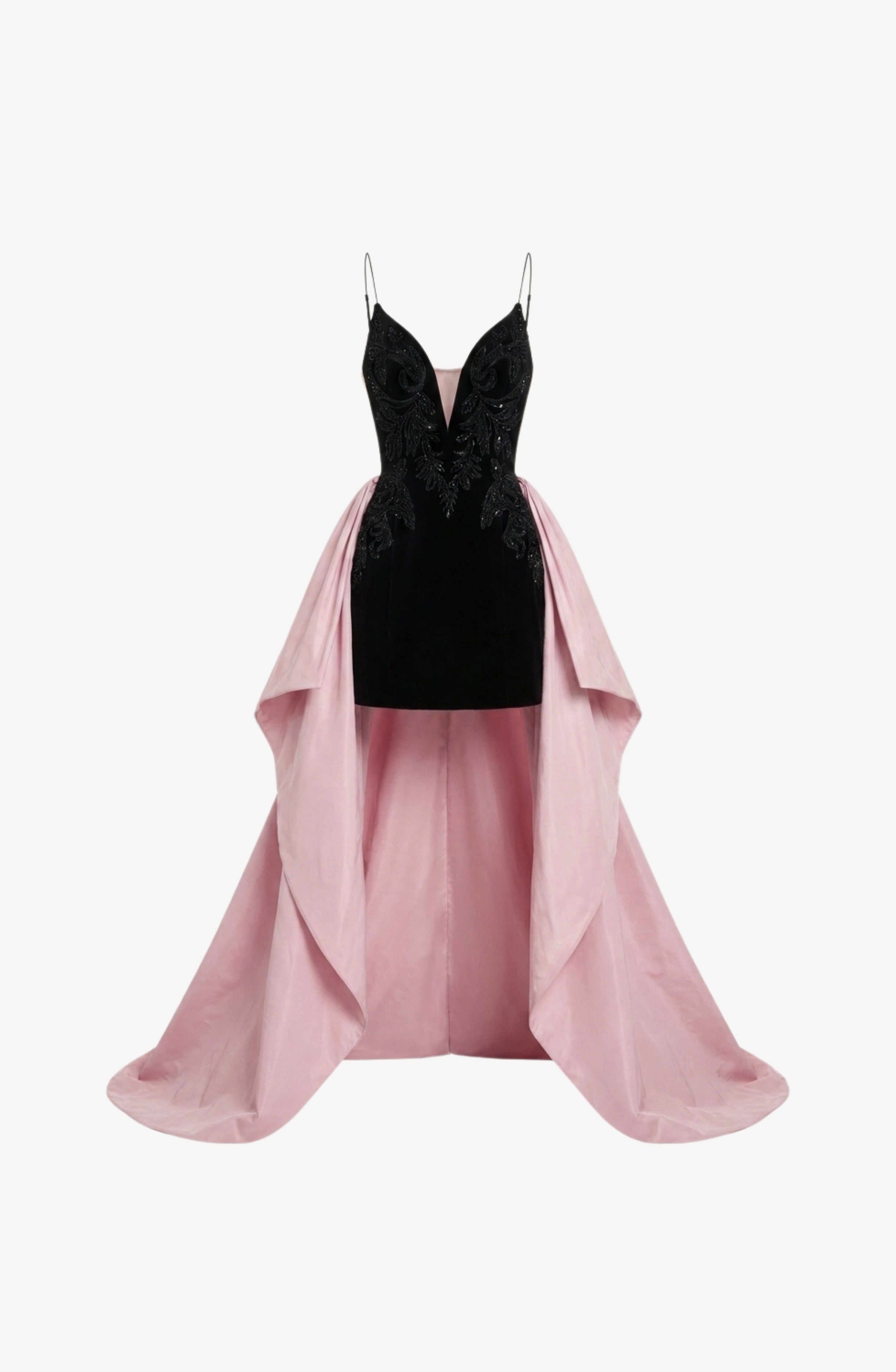 A sleeveless embellished velvet mini dress by LOULOU, featuring a fitted black bodice with thin straps, a plunging neckline adorned with intricate black embroidery, and complemented by a dramatic high-low pink satin skirt with long cascading layers.