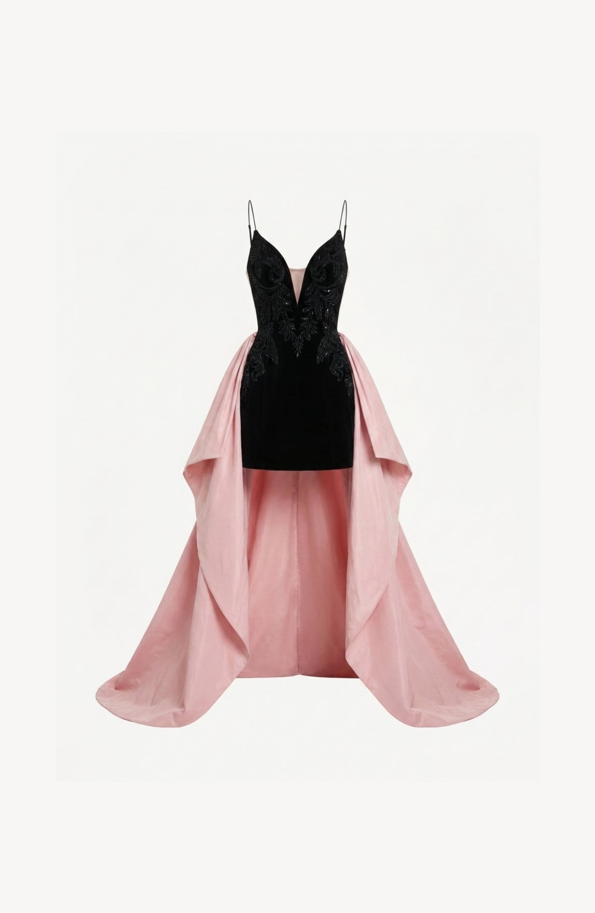 The Embellished Velvet Mini Dress by LOULOU features a fitted black velvet bodice with delicate straps and intricate detailing, finished with a dramatic pink taffeta overskirt that cascades to the floor.