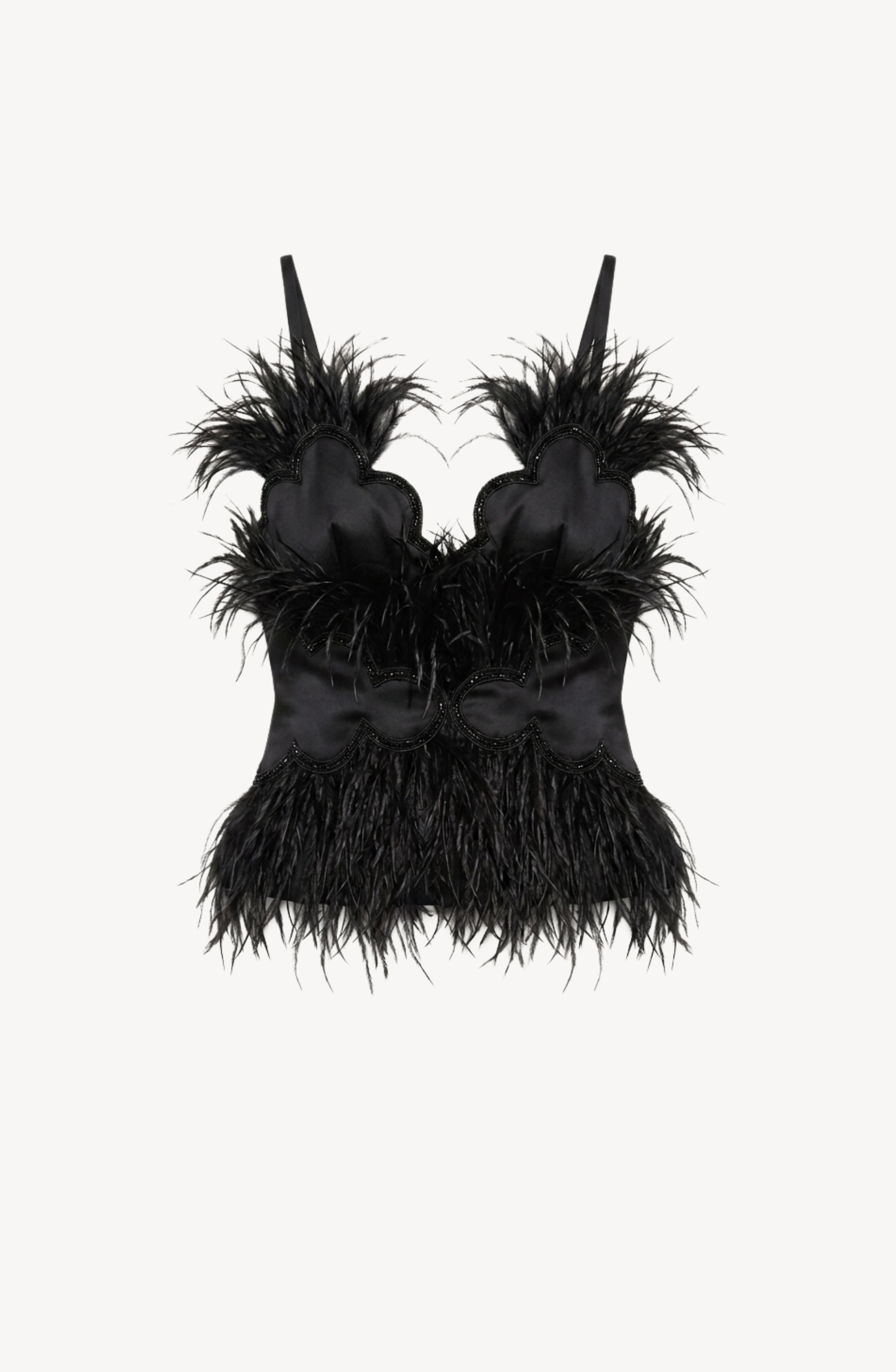 LOULOU Feather Trimmed Satin Bustier features black satin with feather trims accenting the neckline, straps, and hem. This fitted top boasts a fluffy texture and delicate beaded details, shown against a plain white background.