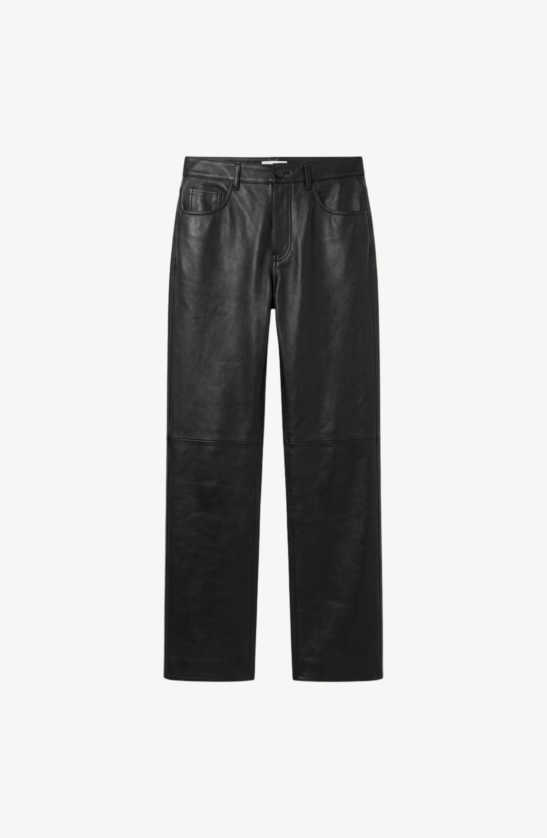 LOULOU Leather Straight Leg Trousers in black leather, featuring a high waist, five-pocket design with front and back pockets, and visible knee stitching, shown against a plain white background.