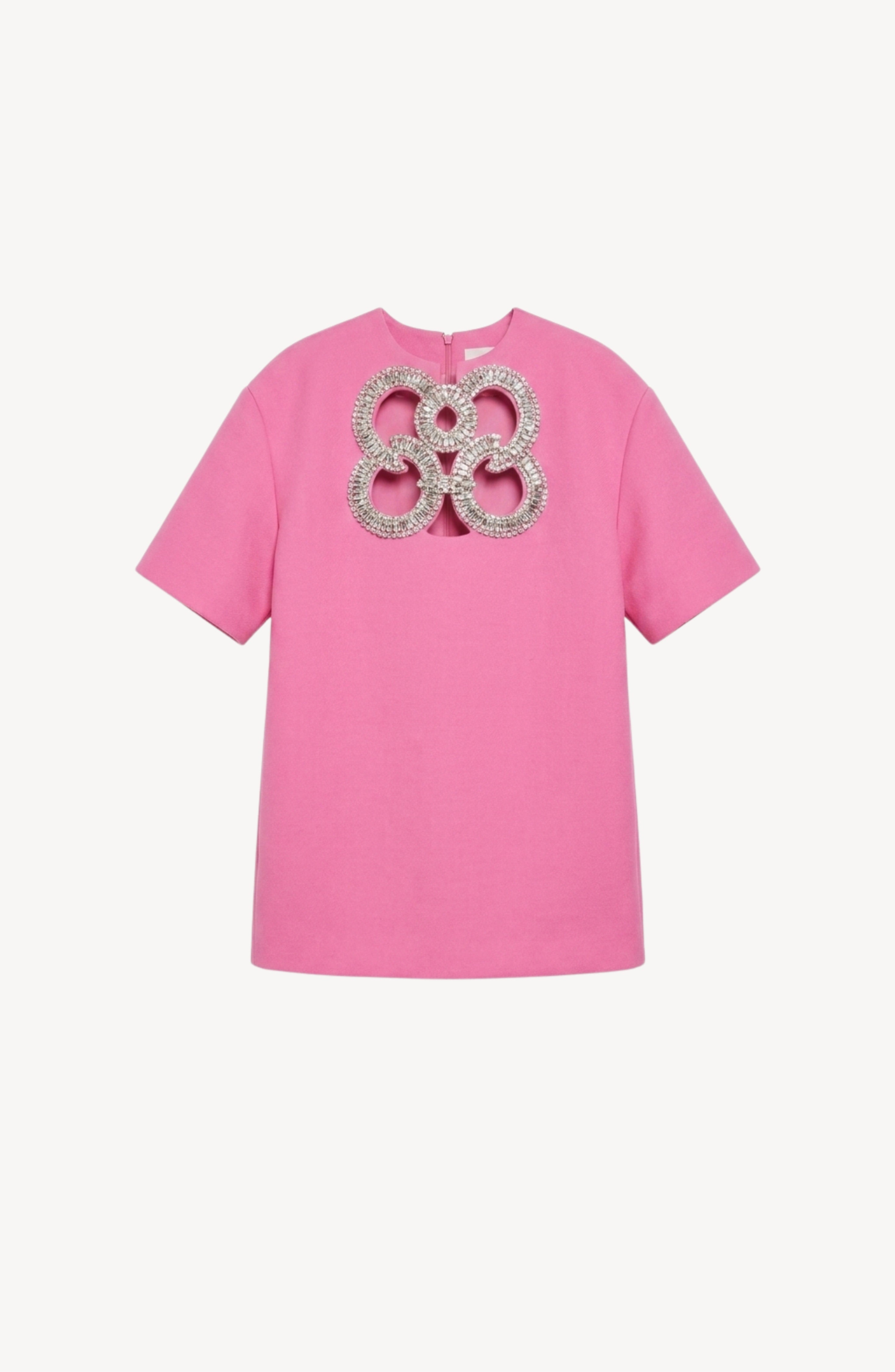 A pink short-sleeved mini dress by LOULOU, featuring a round neckline and an ornate, sparkling silver looped crystal embellishment on the chest.