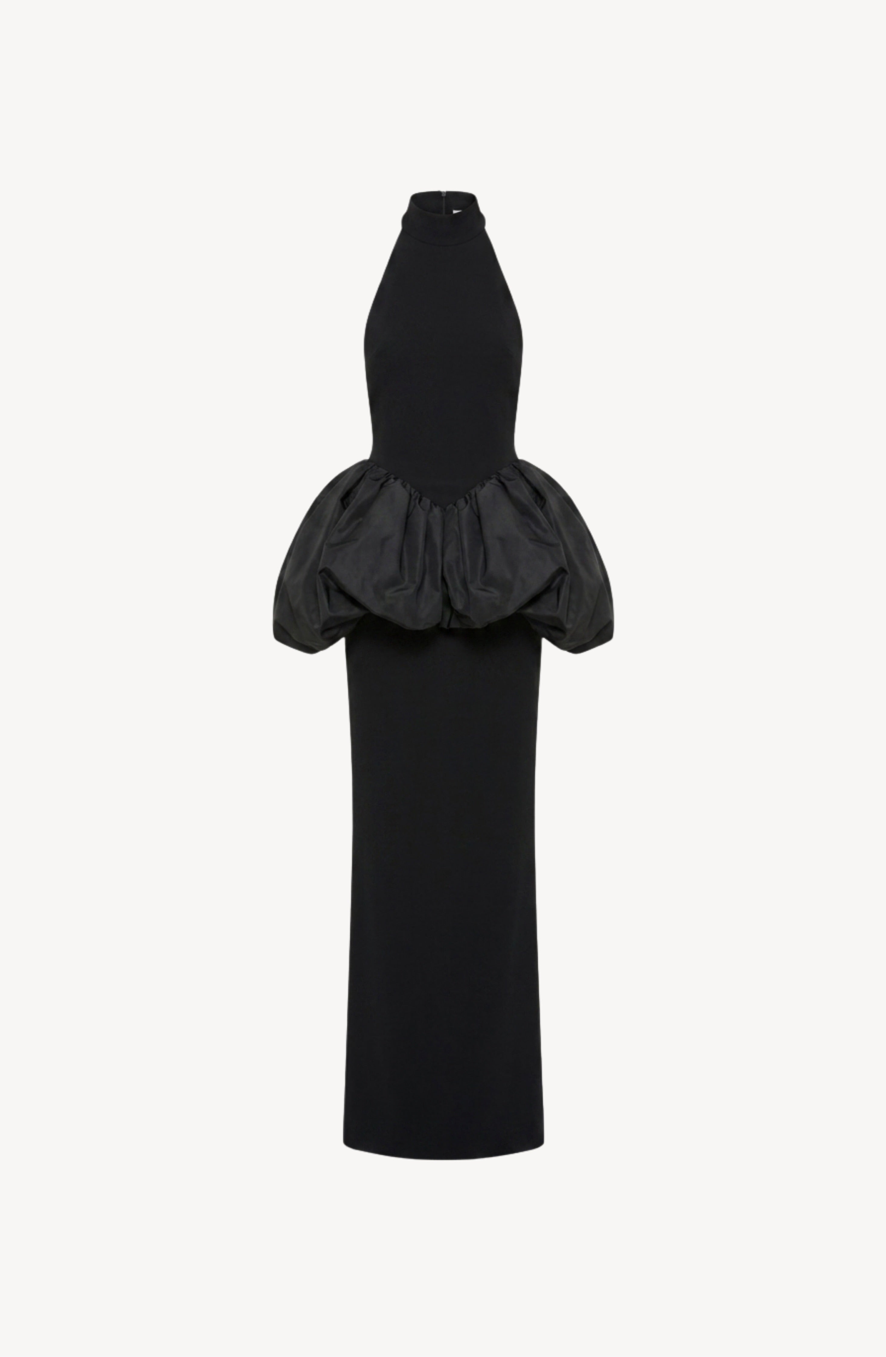 The LOULOU Peplum Maxi Dress is a sleeveless, floor-length black gown featuring a high neckline and a voluminous, ruched peplum detail at the waist, offering an elegant and timeless silhouette ideal for sophisticated occasions.