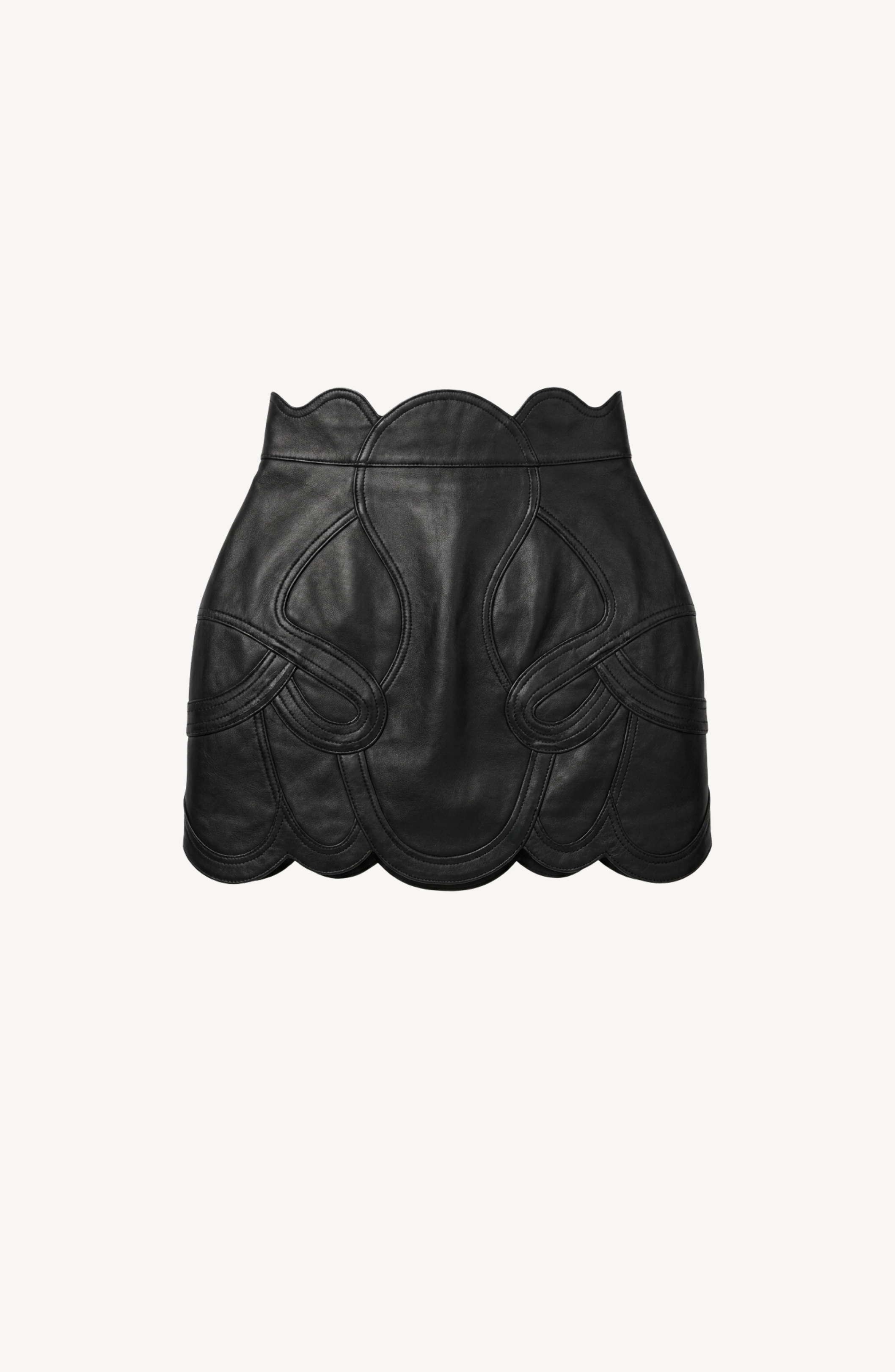 The LOULOU Scalloped Leather Mini Skirt is a high-waisted black mini skirt crafted from leather, showcasing decorative curved stitching and sophisticated scalloped edges, photographed against a plain white background.