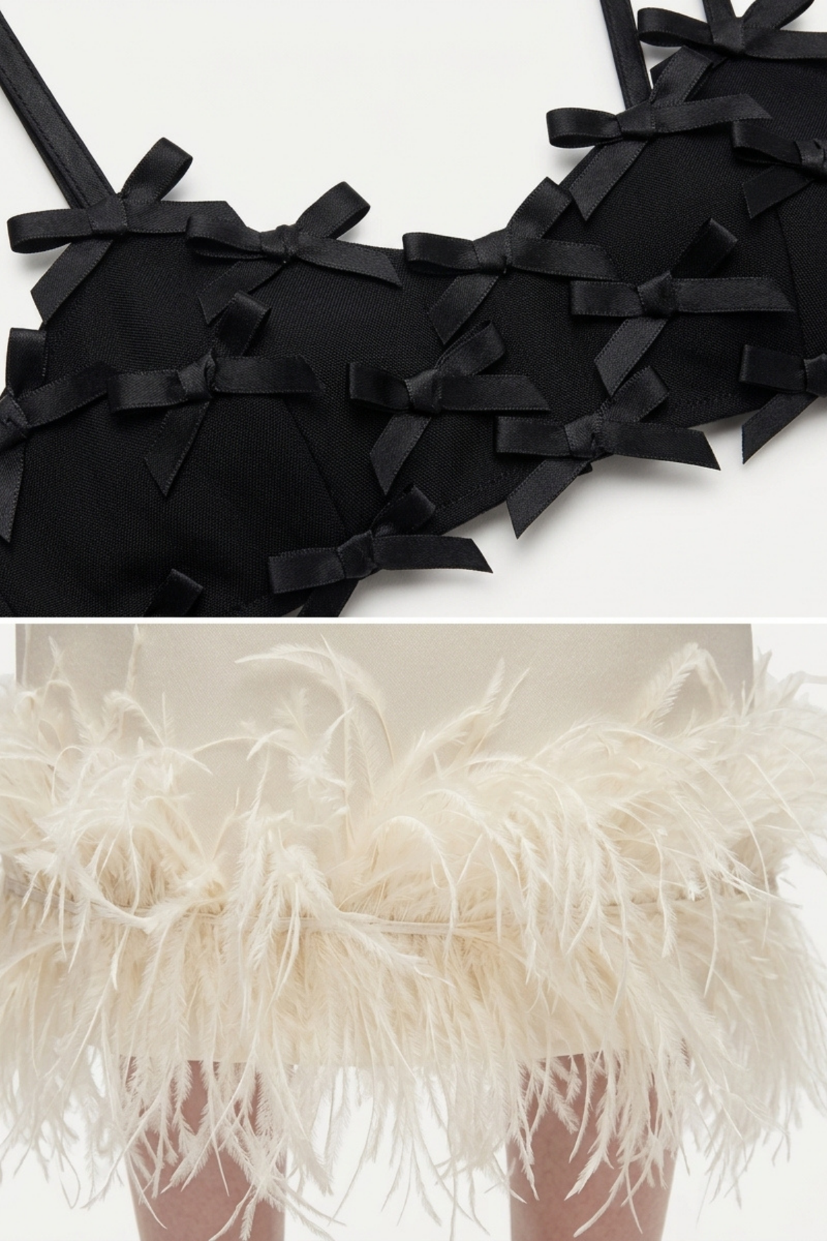 A close-up of LOULOU’s Black Bow Appliqué Bralette Top, detailed with tonal appliqué and satin bows, paired with a cream skirt featuring feather-trimmed hem, shown on a model’s torso and upper legs.