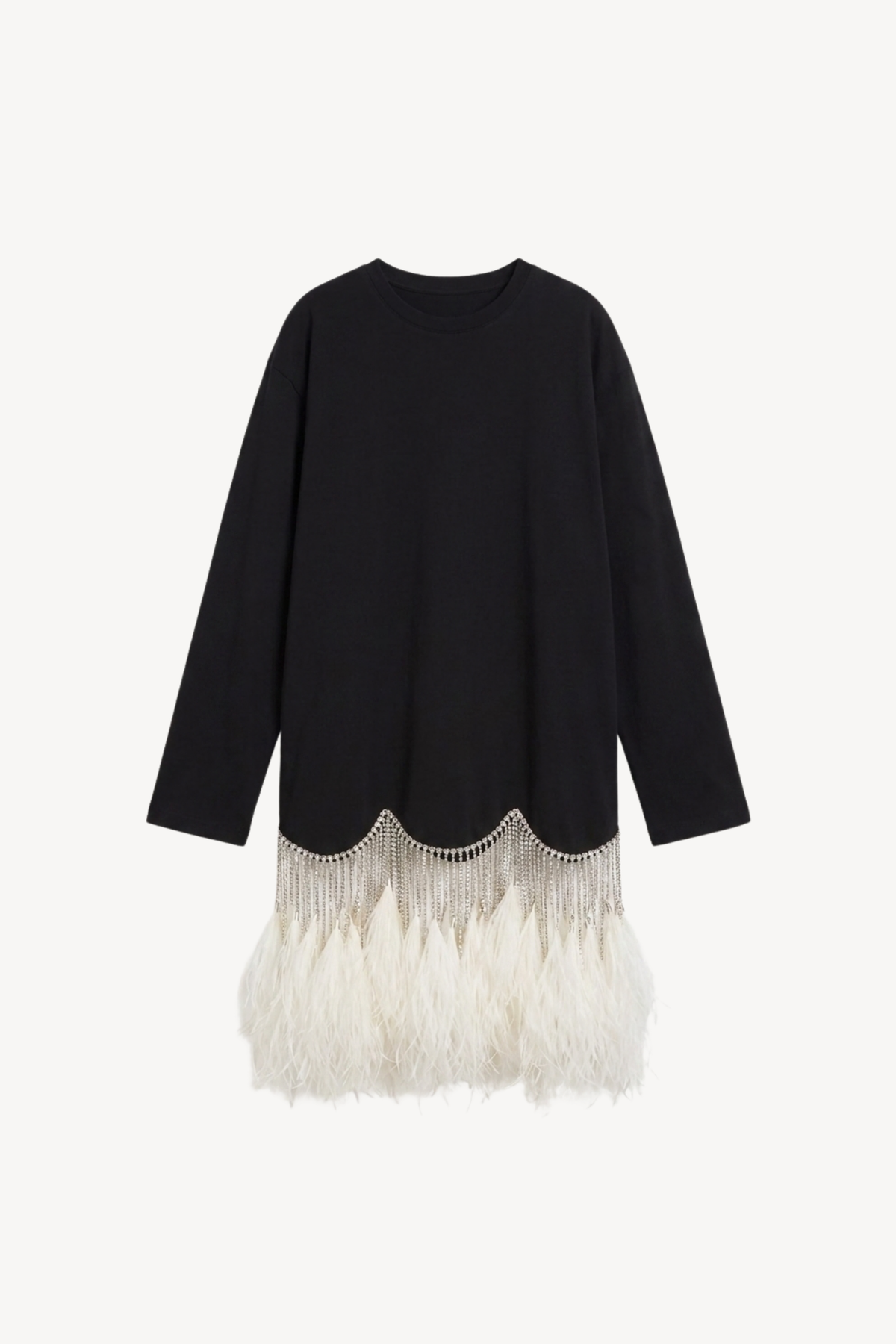 The LOULOU Black Crystal Feather Long Sleeve Mini Dress features a chic silhouette with a scalloped feather hem and sparkling bead accents for an elegant, playful look.