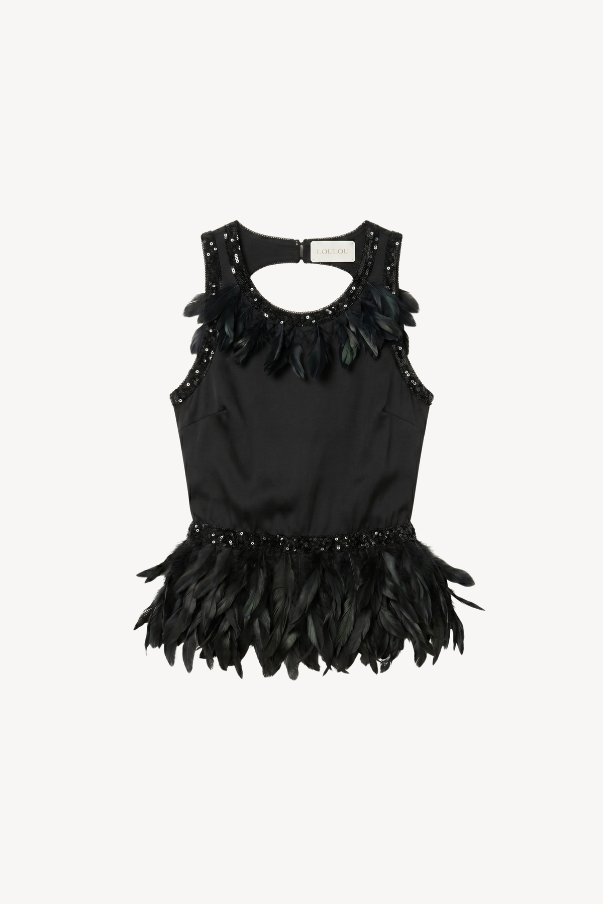 The LOULOU Black Feather Sequin Peplum Top is a sleeveless piece with a scoop neck, feather peplum detail and embellished trim along the edges.