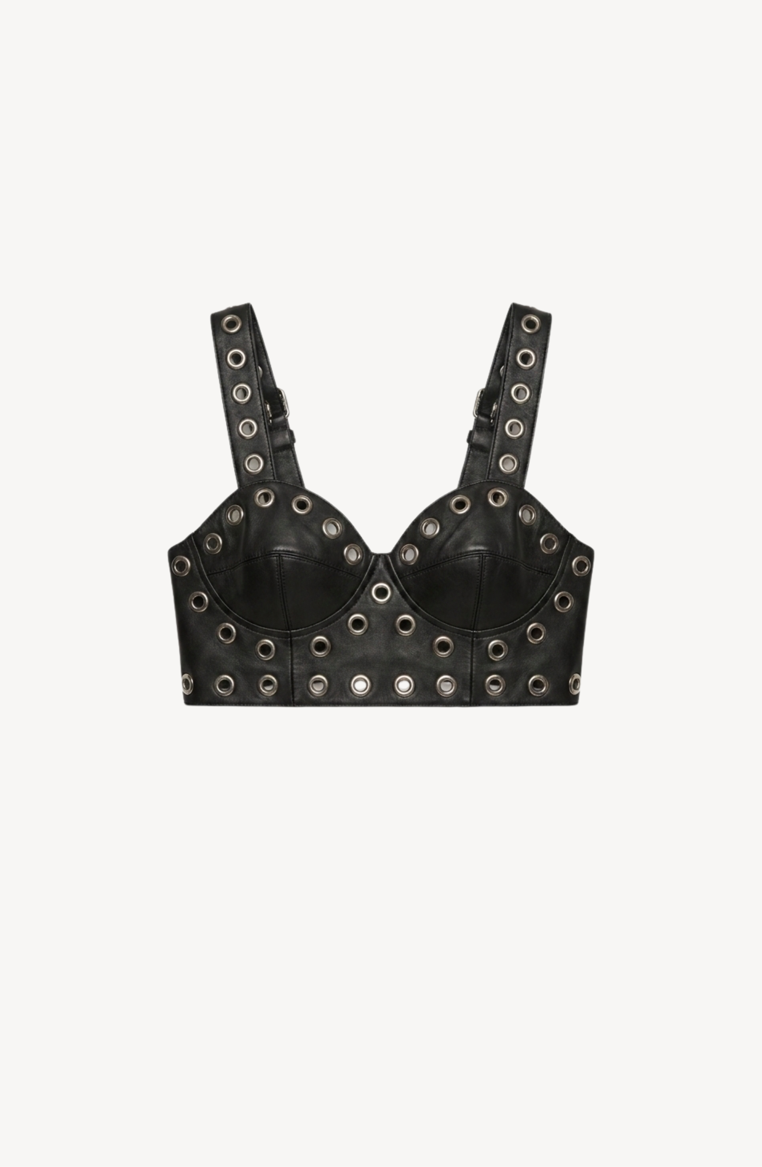 The LOULOU Black Leather Top features shaped cups, thick straps, and bold metal eyelets across the front, straps, and underbust, shown against a plain white background.