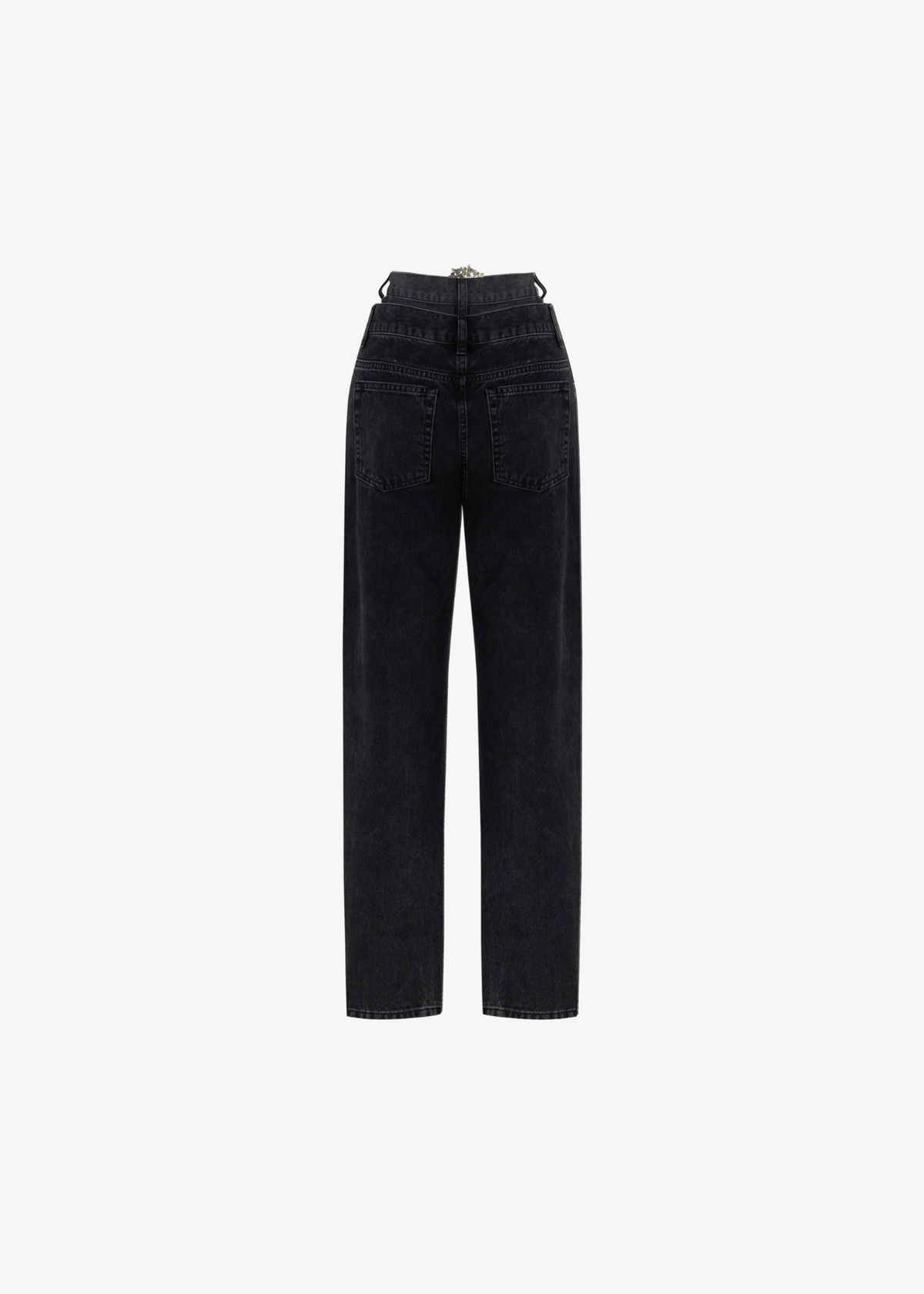 LOULOU Butterfield 8 high-waisted black denim trousers, shown from the back on a white background, feature straight legs, two rear pockets, and subtle crystal detailing.