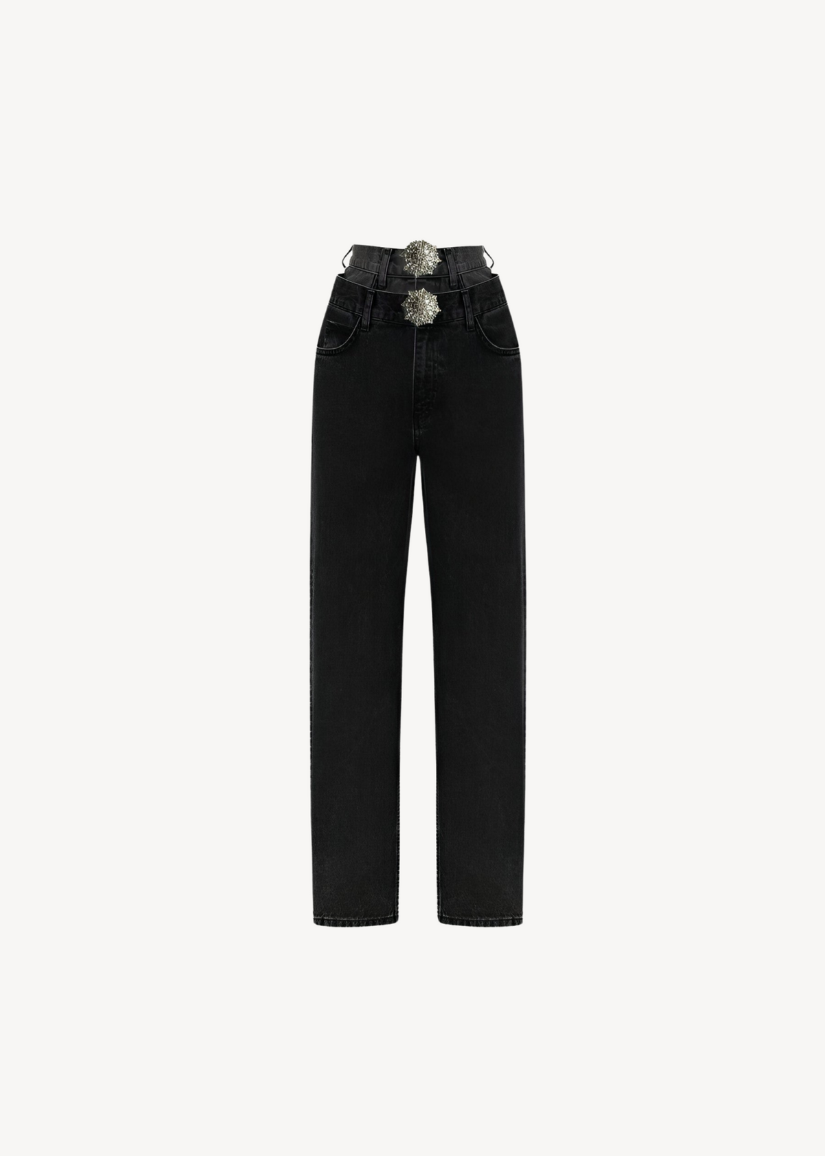 The Butterfield 8 Denim Trousers by LOULOU are high-waisted black jeans with a straight-leg cut, showcasing two ornate silver buckles with subtle crystals at the front waistband. Shown on a plain white background.