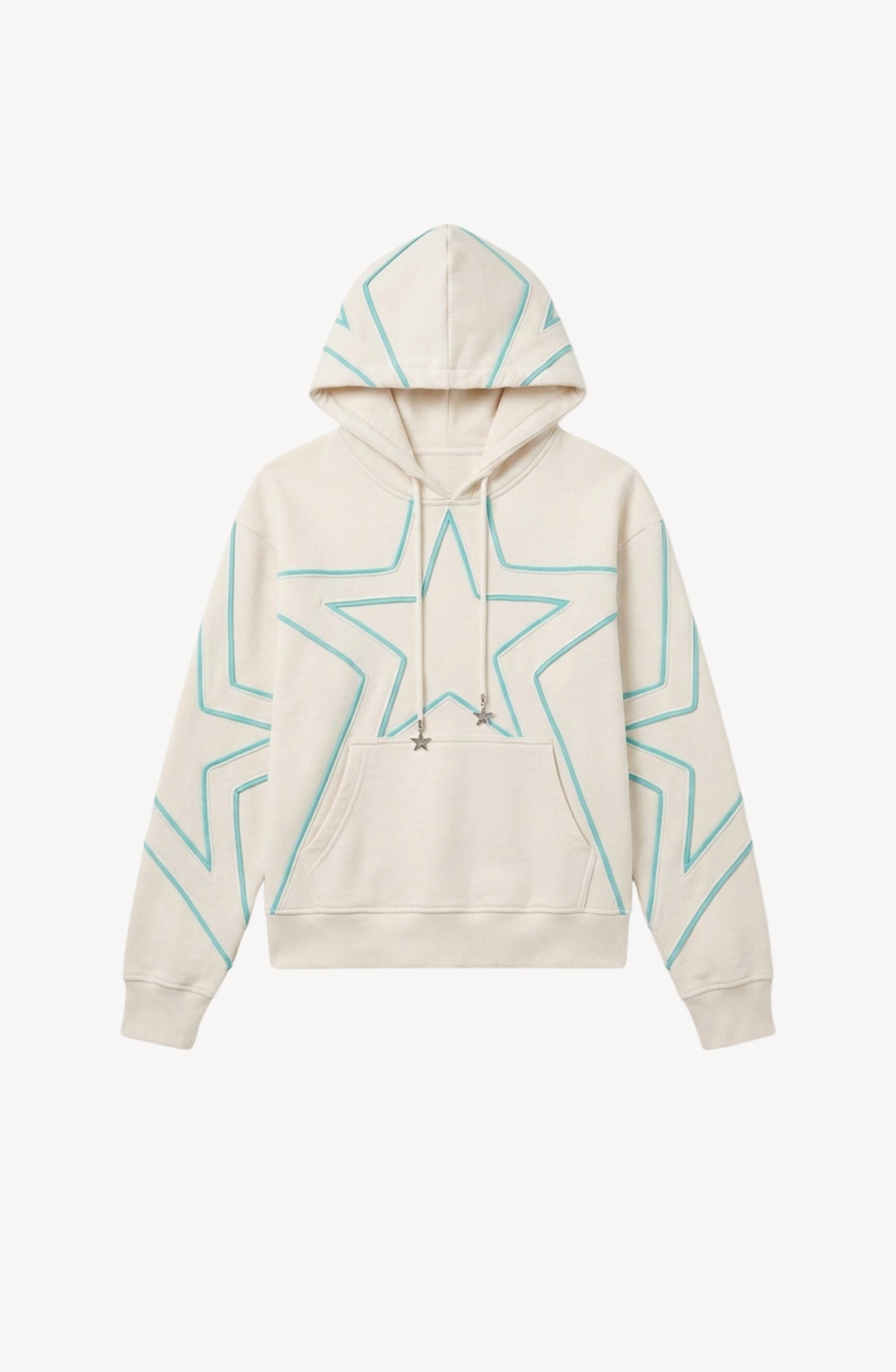 Introducing the LOULOU Embroidered Star Cotton Hoodie, a cream-colored hoodie made from soft cotton jersey. This stylish piece features delicately embroidered light blue and turquoise star designs outlined on the front, sleeves, and hood. It includes a convenient front pocket and drawstrings adorned with small star-shaped tips for an extra touch of charm.