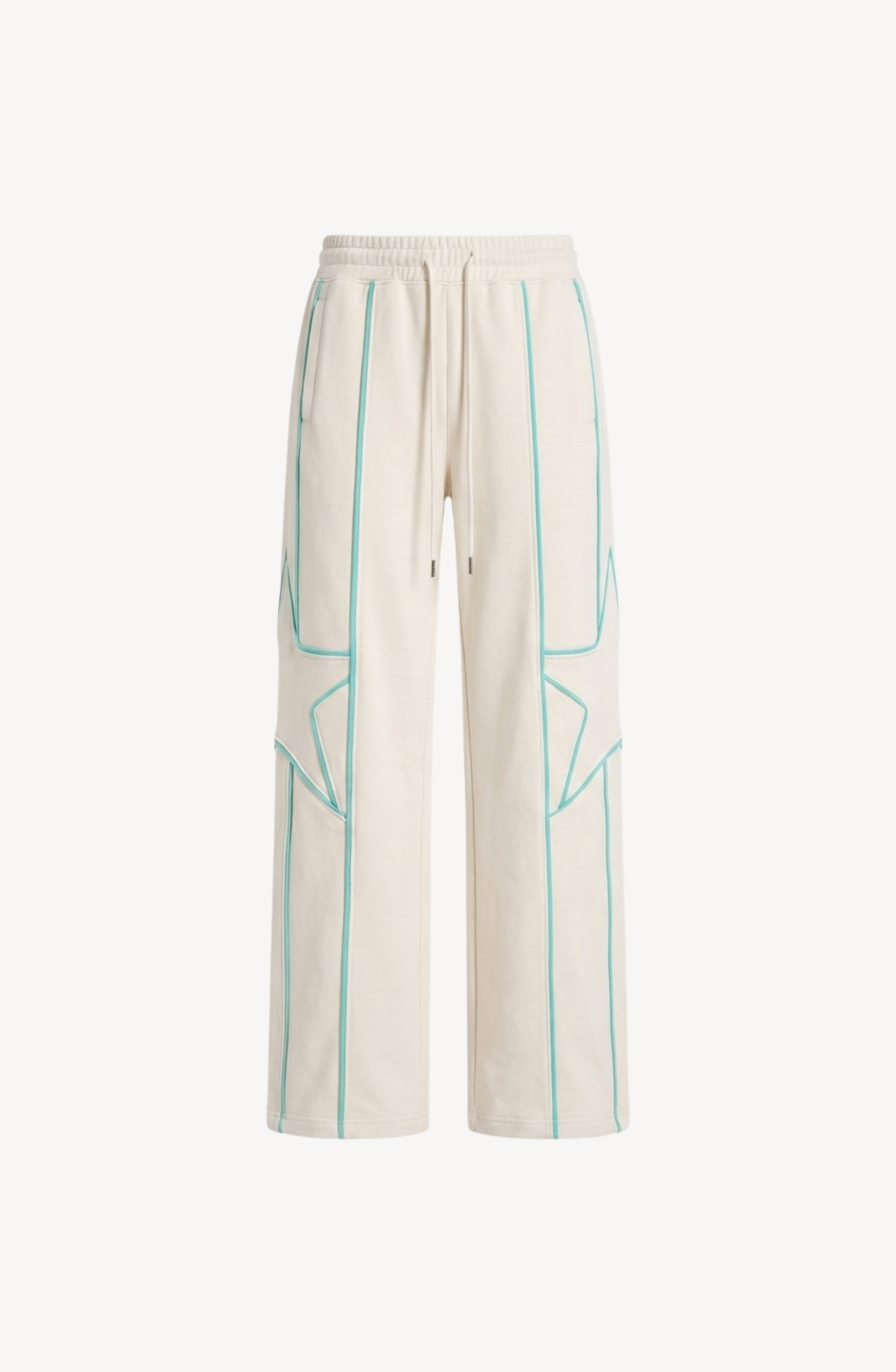 LOULOU Embroidered Star Sweatpants—wide-leg cream cotton jersey sweatpants featuring turquoise piping accents, front pockets, an elastic waistband, and a delicate turquoise star embroidery—displayed against a white background.