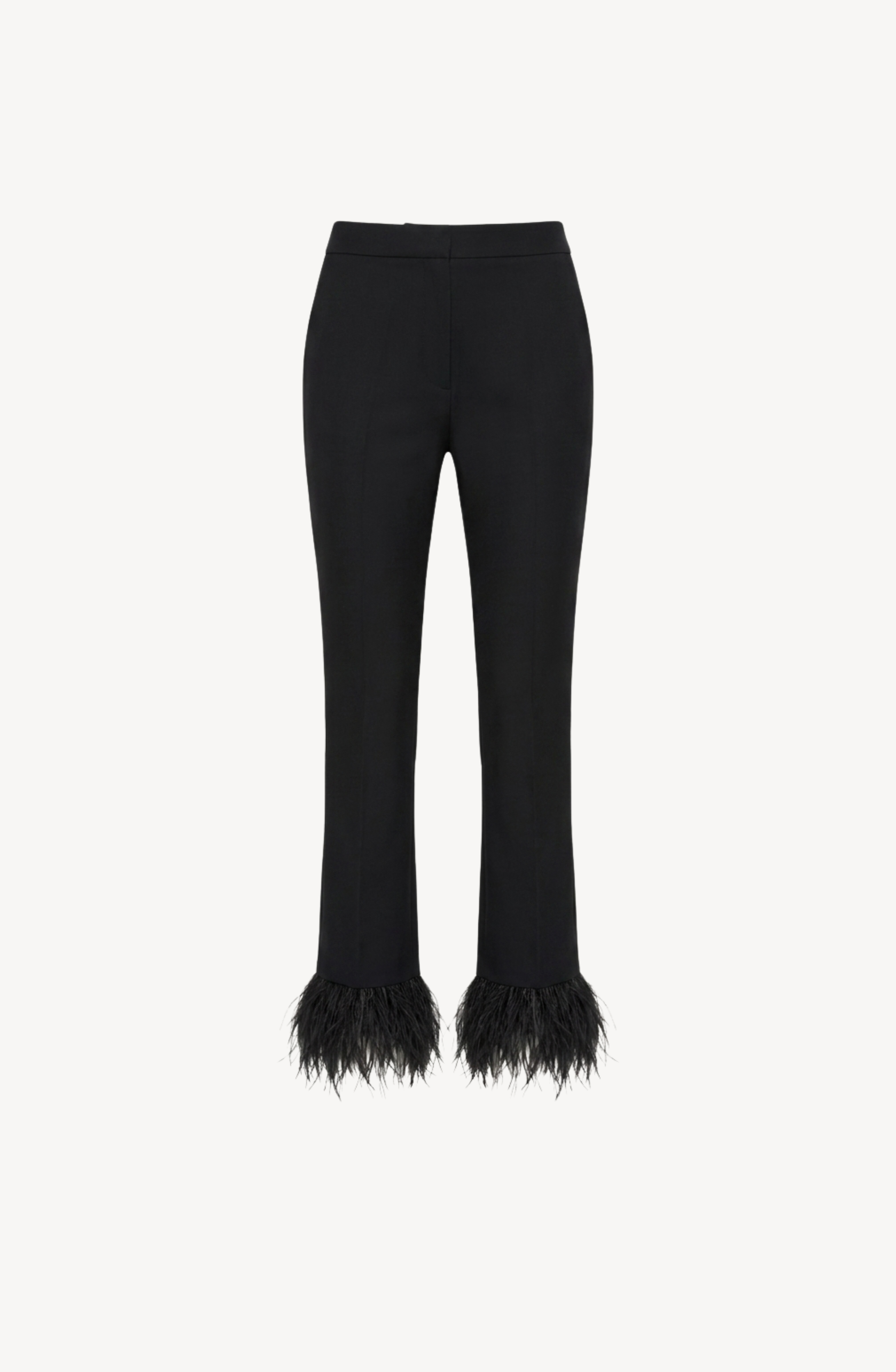 The LOULOU Feather Trim Flared Trousers feature a fitted waist, flared legs, and dramatic black feather trim around the ankles, presented against a white background.