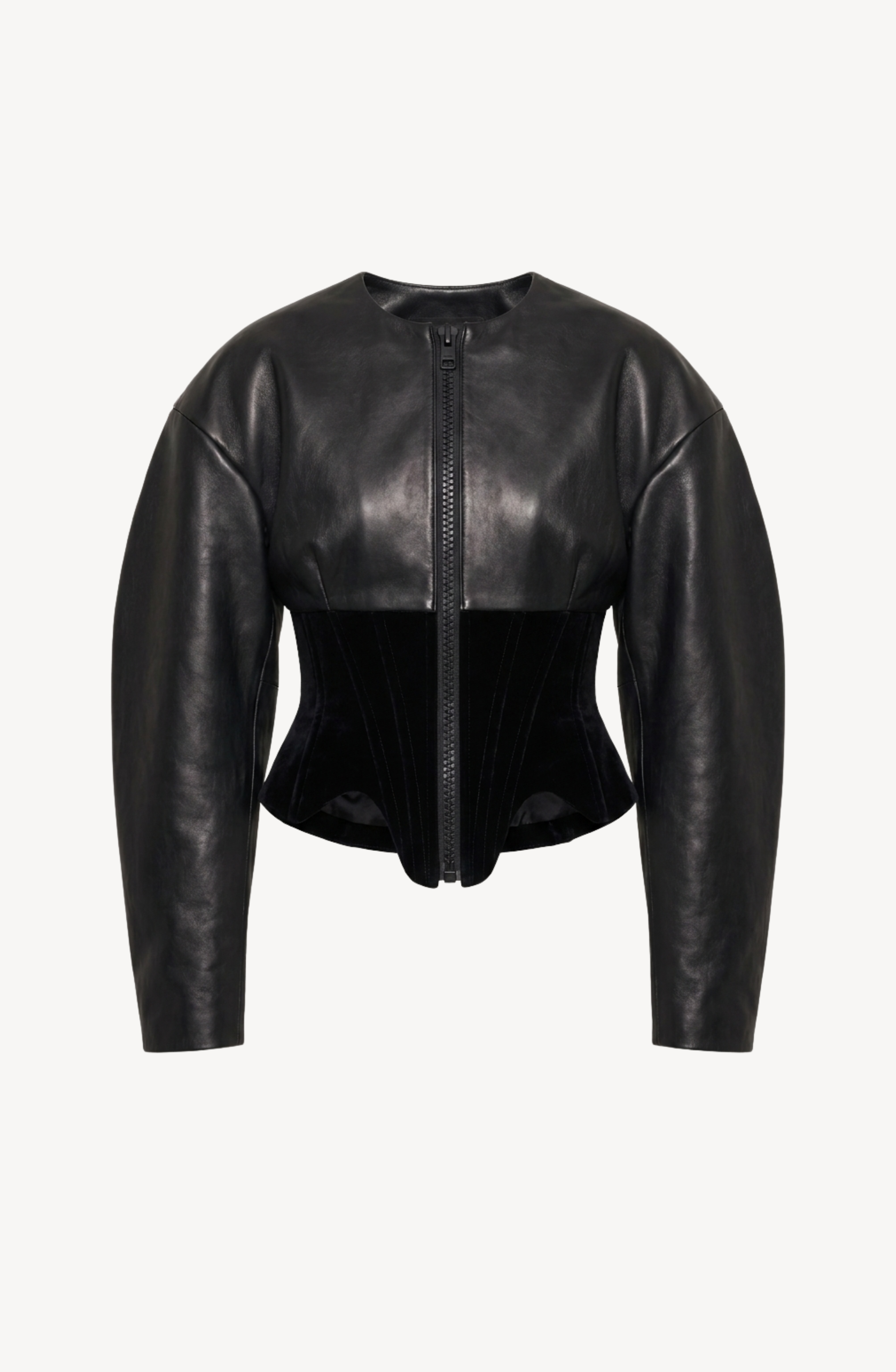 The Leather And Velvet Corset Jacket by LOULOU features black leather with voluminous sleeves, a front zipper, and a fitted waist. Its structured, modern silhouette and sleek finish are inspired by the refined elegance of a velvet corset, showcased against a plain white background.