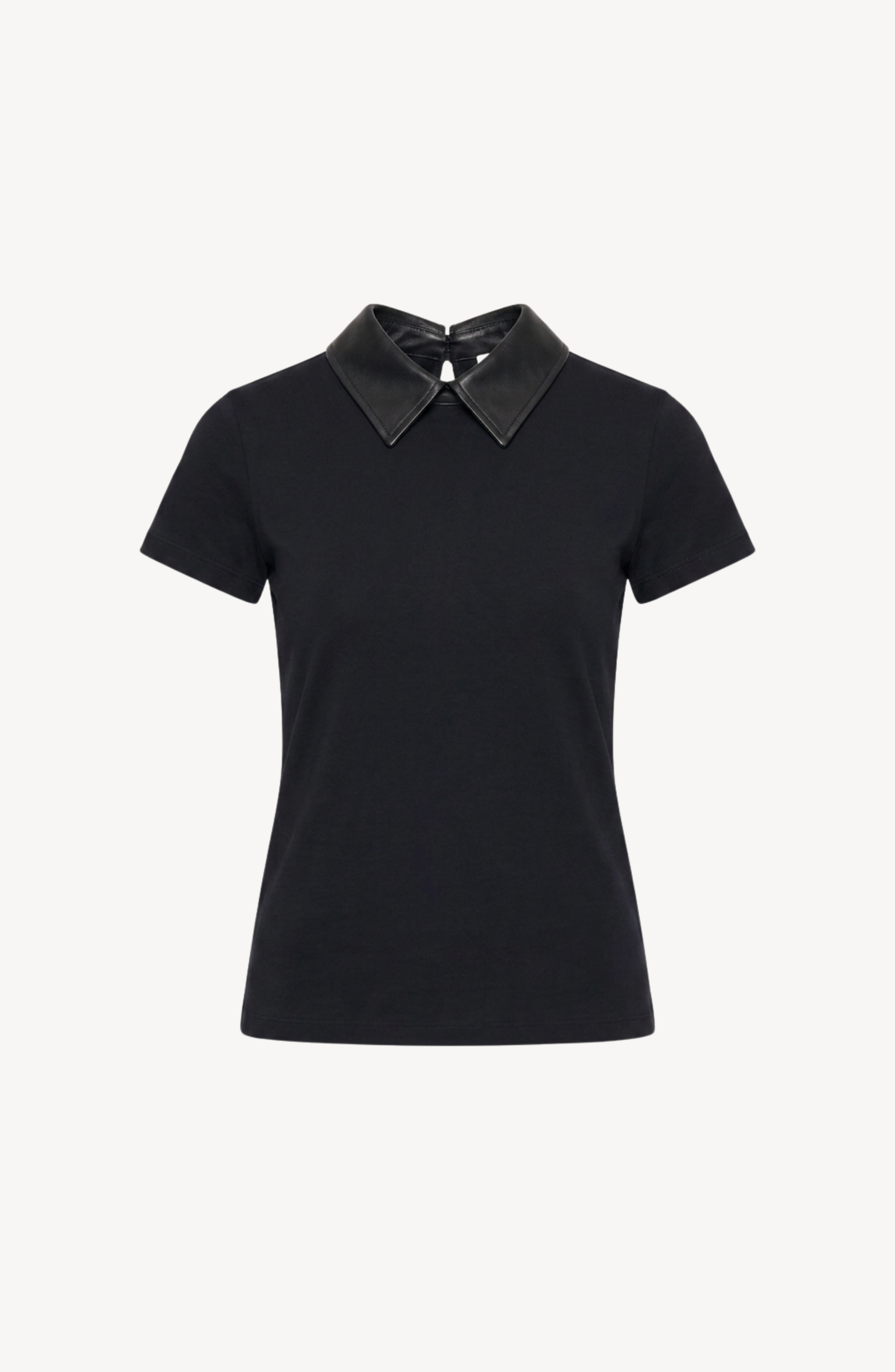 LOULOU Scalloped Open Back Top—a short-sleeved, fitted black cotton blend top featuring a shiny, pointed black leather collar, displayed on a plain white background.