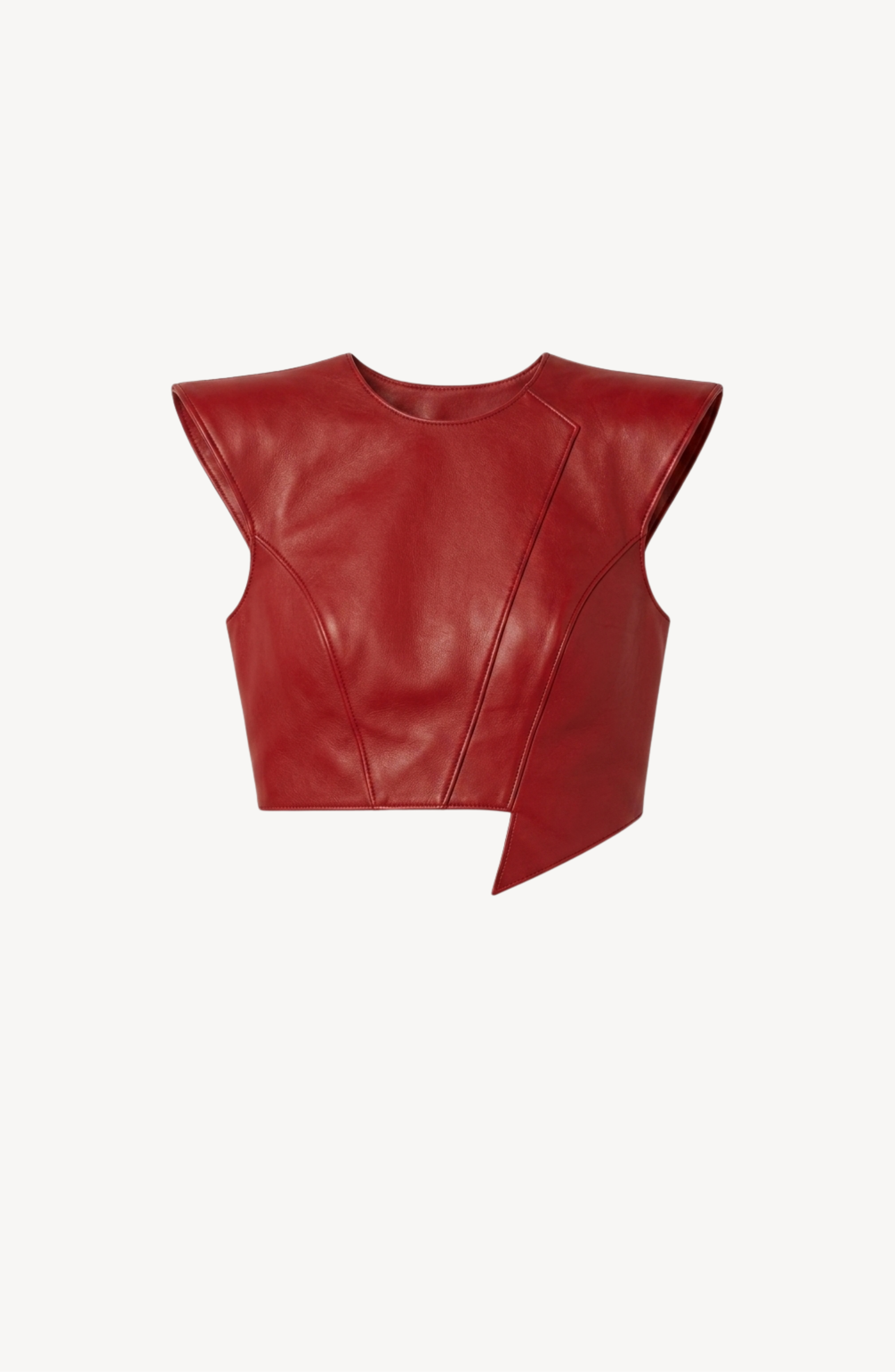 The LOULOU Red Leather Top is a sleeveless, dark red lamb leather piece with sculptural cap shoulders, asymmetric panels, and an asymmetrical hem, shown on a plain white background.