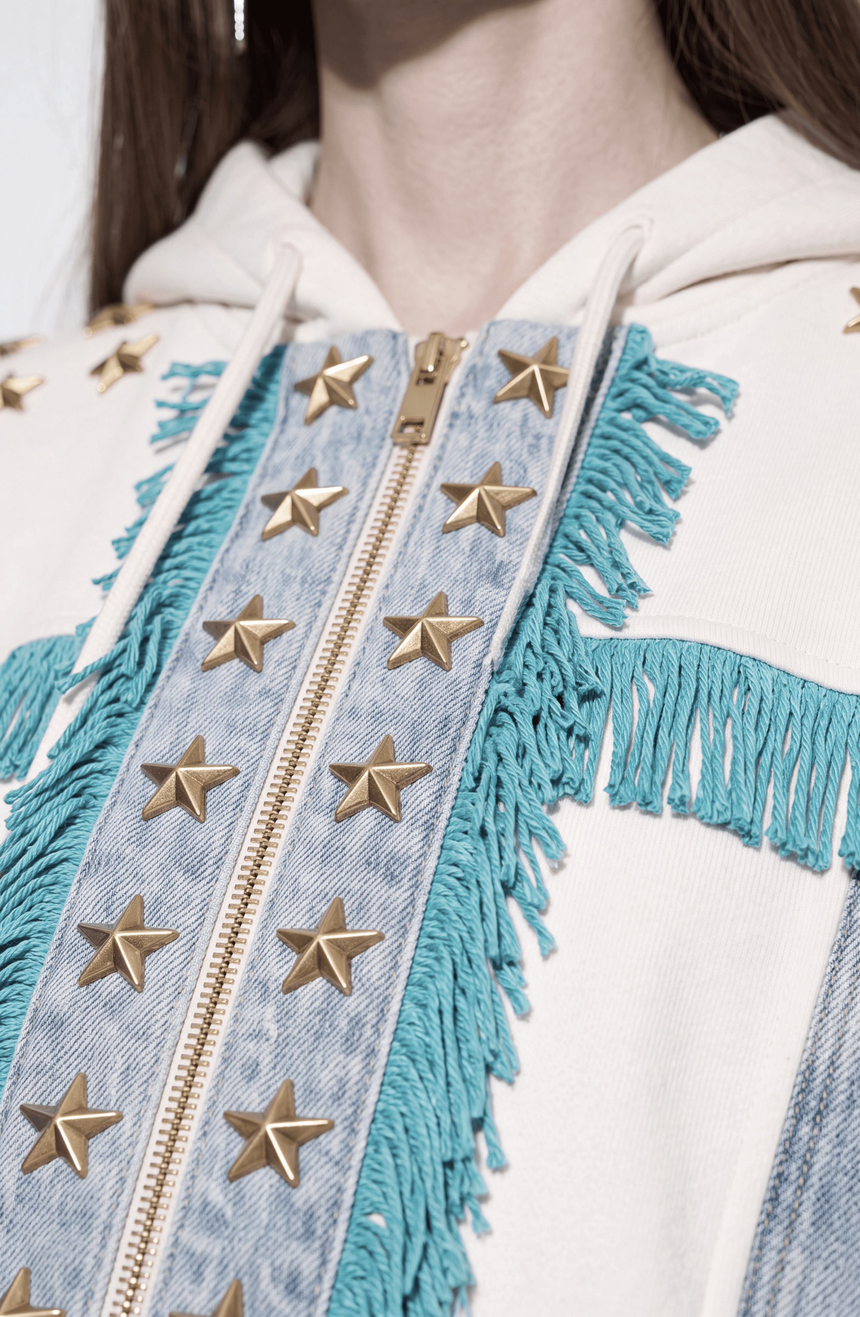 Star Studded Fringed Zip Hoodie